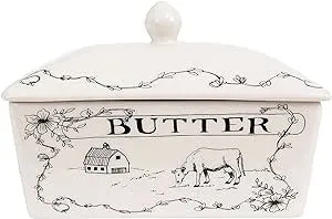 Creative Co-op Country Style White & Black Stoneware Butter Dish with Lid