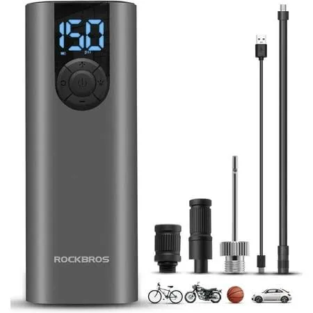 ROCKBROS Portable Air Pump 150psi Mini Electric Tire Pump Inflator 5 Modes Cordless Air Compressor with 2 * 2600 mAh Rechargeable Lithium Battery Bike