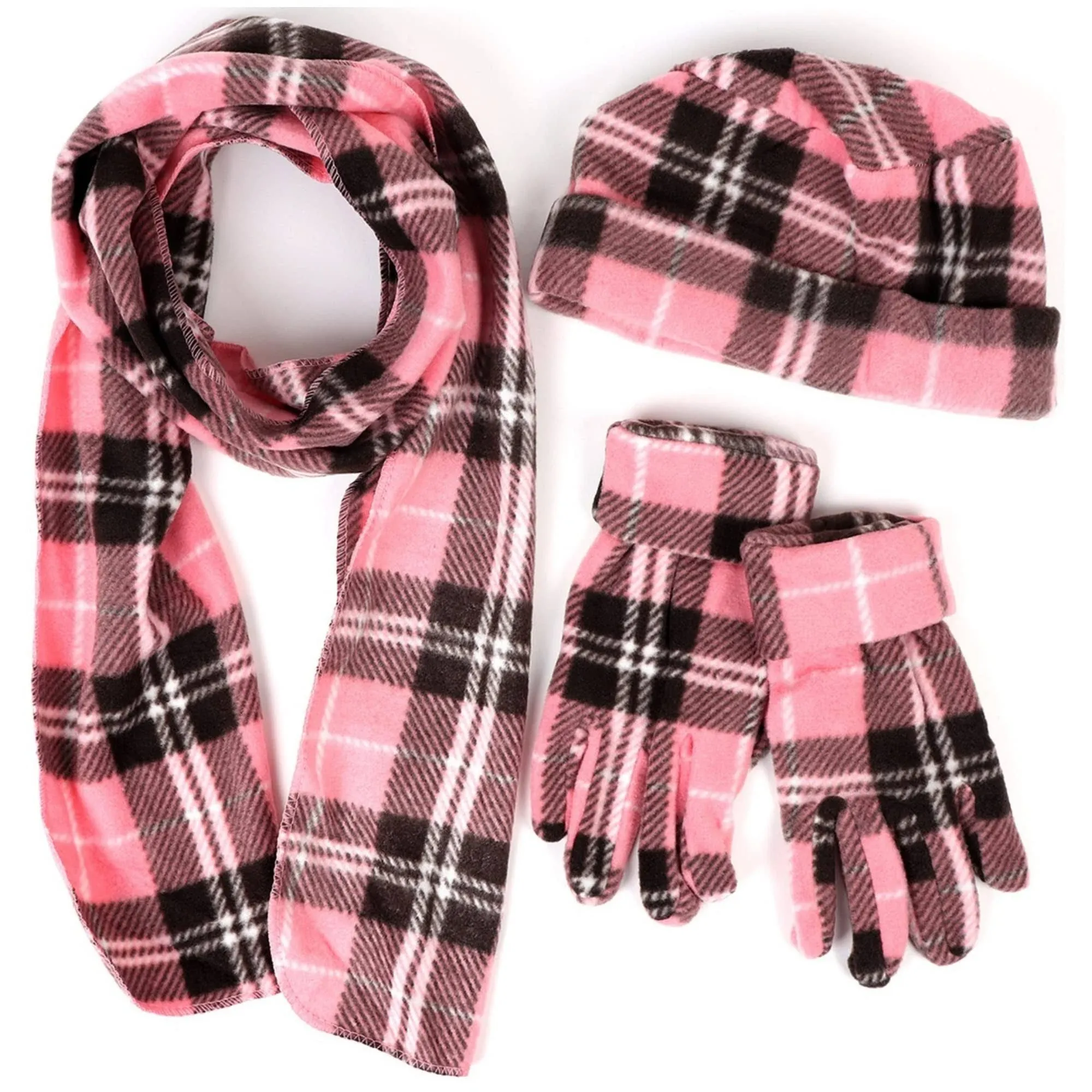 Women's 3pc Pink Plaid Fleece Winter Set - Scarf, Hat, Gloves