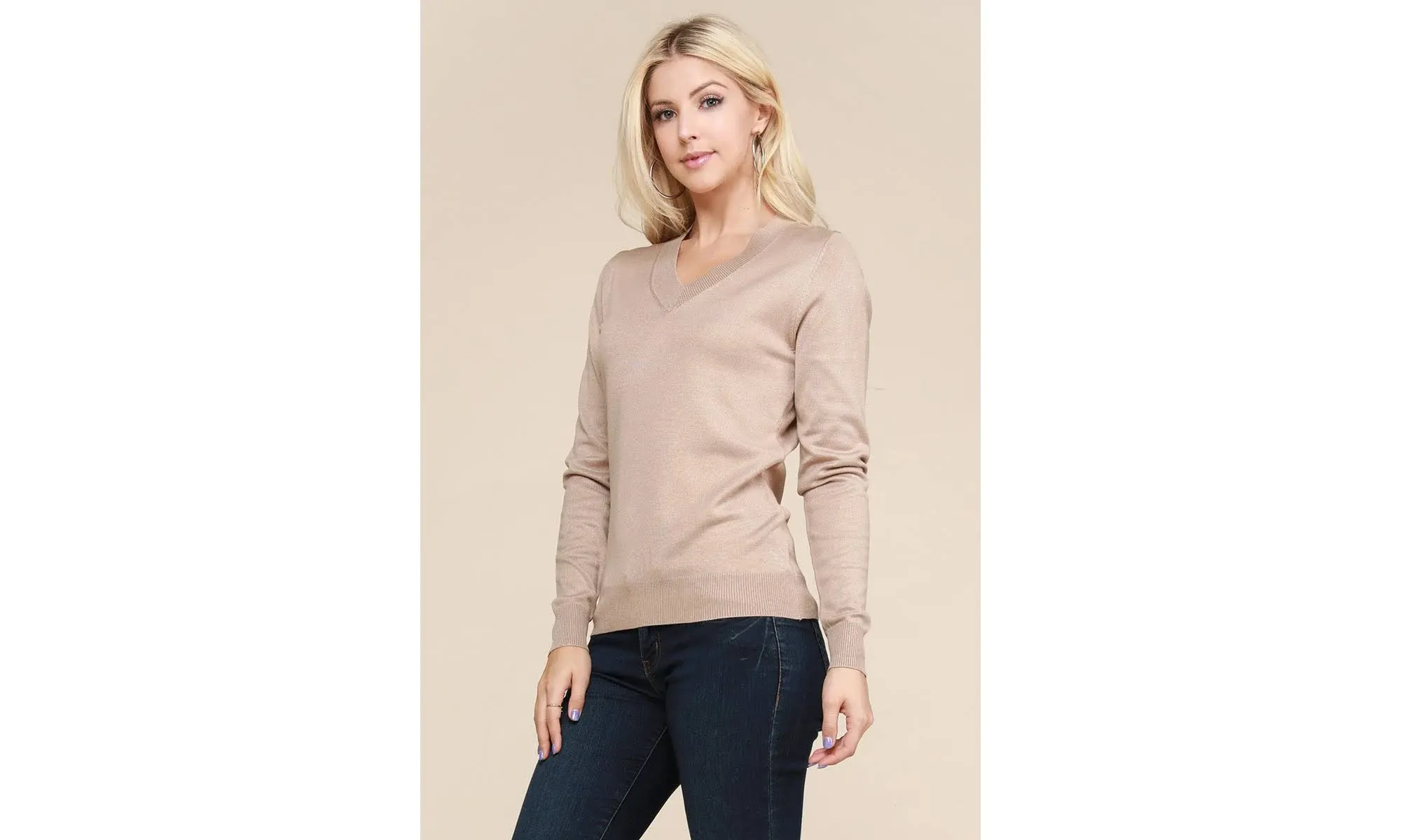 Women's JJ Perfection Doublju Simple V-Neck Pullover Soft Knit Sweater Khaki 3X ...