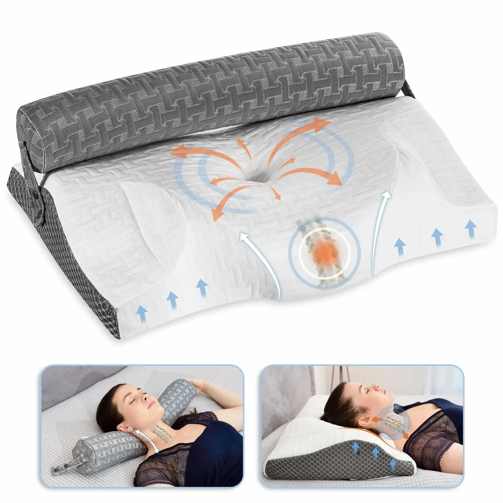 Elviros Cervical Memory Foam Pillow for Neck Pain Relief, Contour Orthopedic Roll Traction Pillows for Side Sleeping, 3 in 1 Ergonomic Adjustable Support Spine Bed Pillow for Back and Stomach Sleeper