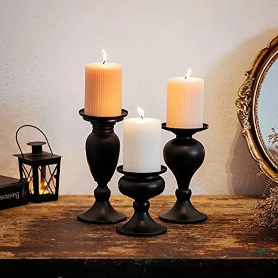 Sziqiqi Metallic Pillar Candleholder Set for Candle Centerpieces, Table Mantel Fireplace Decoration Set of 3 Gourd-Shaped Design Black