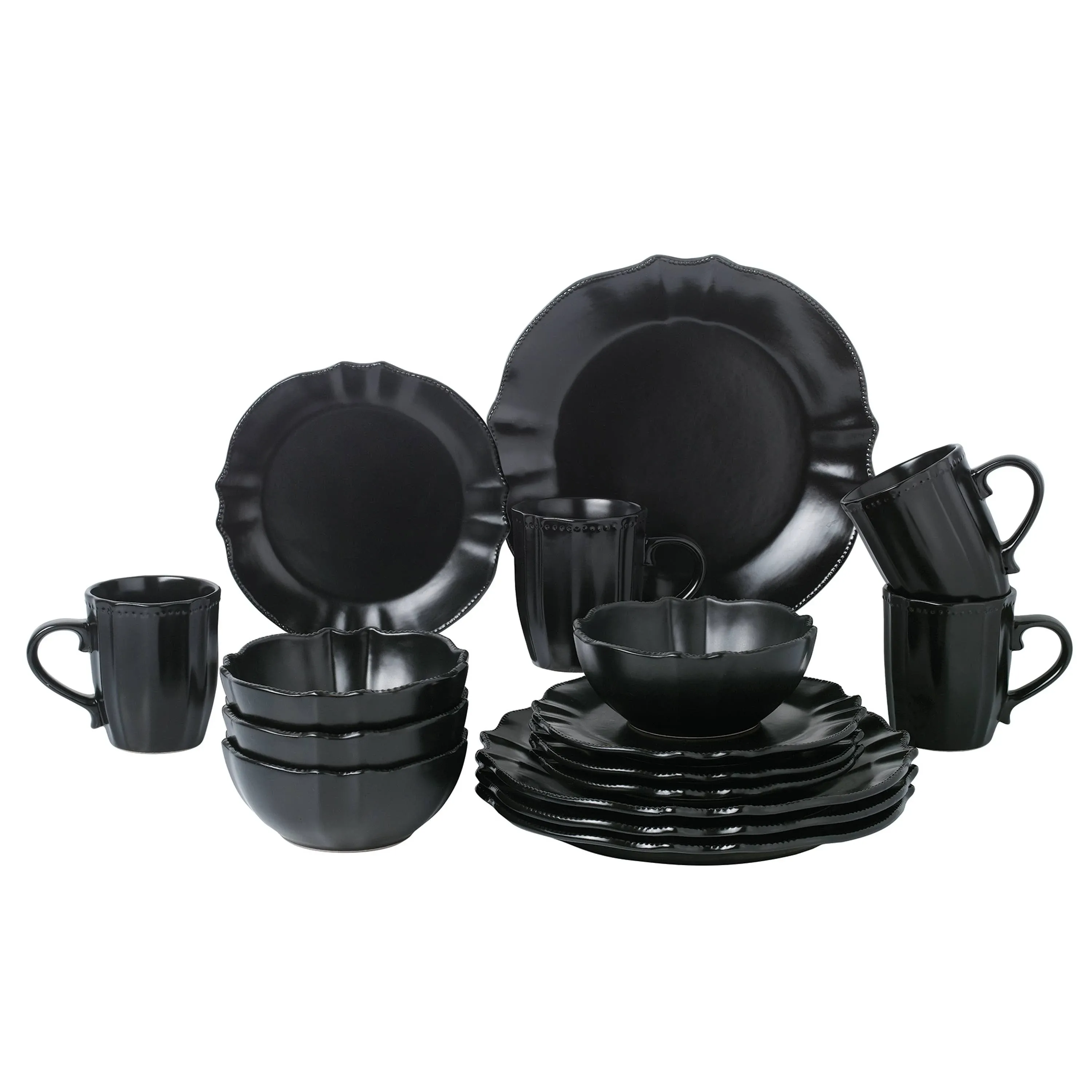 Lorren Home Trends 16 Piece Scalloped Edge Black Stoneware Dinnerware