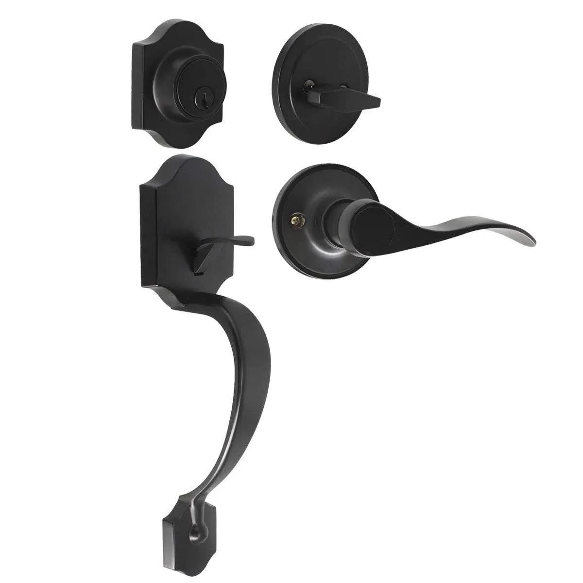 Single Cylinder HandleSet with Lever Door Handle (for Entrance and Front Door) Reversible for Right and Left Handed and a Single Cylinder Deadbolt Handle Set Matte Black Finish