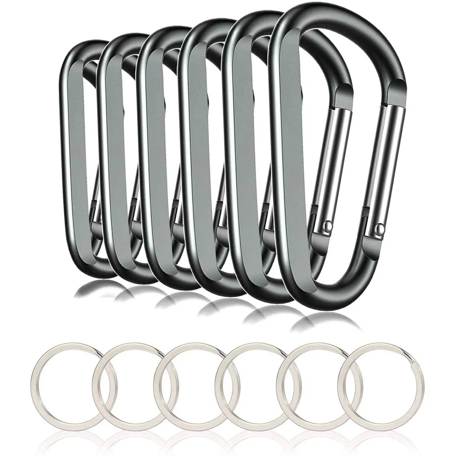 6PCS Black Carabiner Caribeaner Clip,3" Large Aluminum D Ring Shape Carabeaner with 6PCS Keyring Keychain Hook…