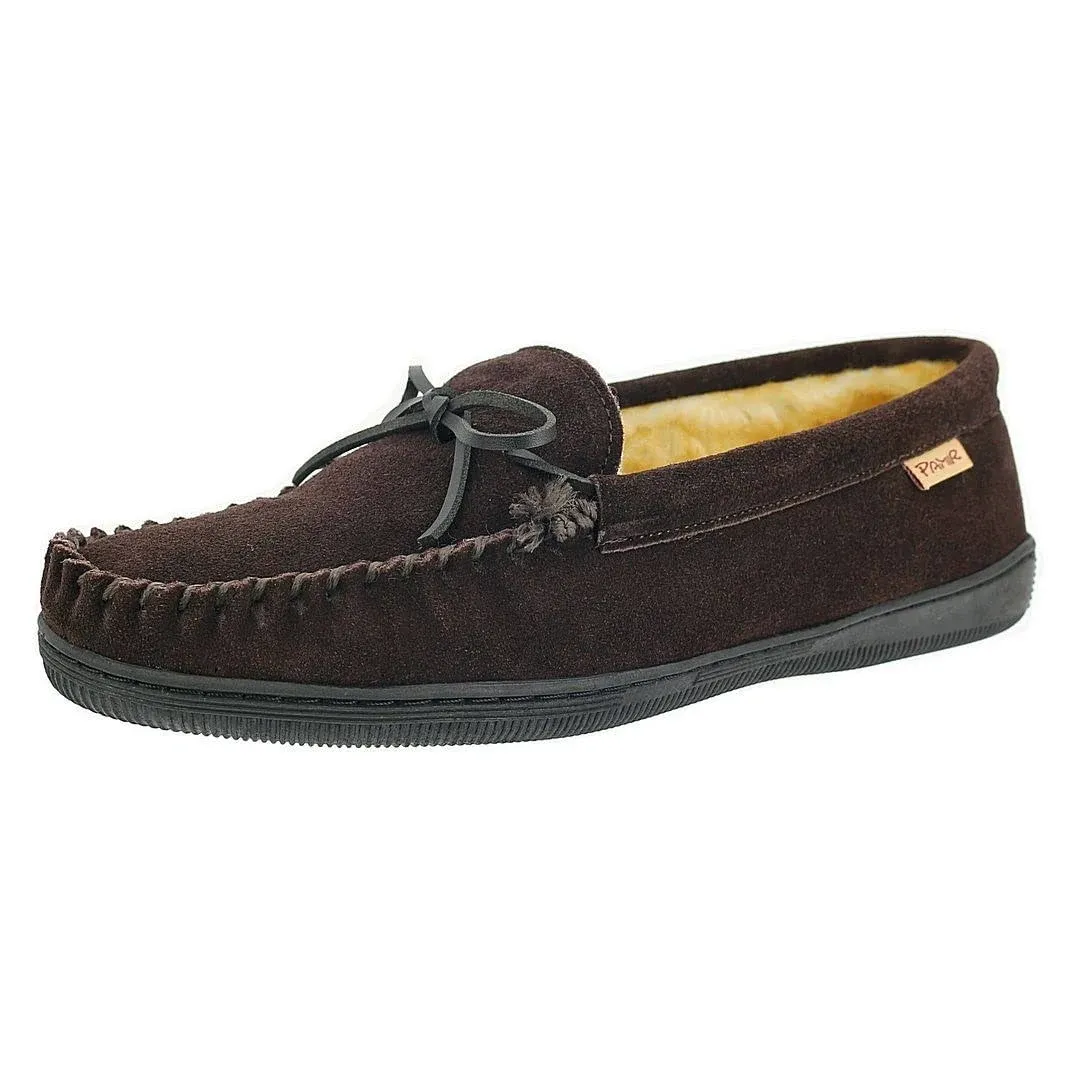 PAMIR Men's Genuine suede Faux Fur Lined Slip on Moccasin Slippers Indoor Outdoor