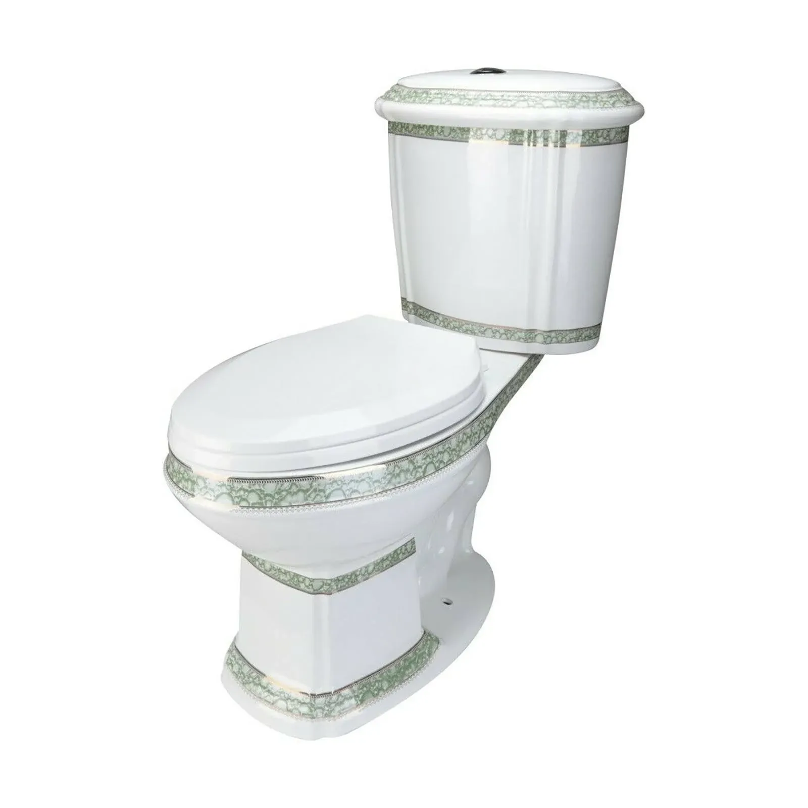 Renovators Supply India Reserve - Elongated Bathroom Toilet - Dual Flush with Slow Close Toilet Seat - Two-Piece Toilet - Grade A, Porcelain Scratch and Stain Resistant - Green Gold Accent