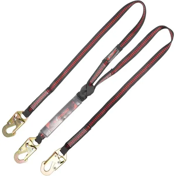 UFL201121 Clear Pack Design Twin Leg 100% Tie-Off Shock Absorbing Lanyard with 3 Steel Snap Hooks, ANSI Compliant, 6-Ft, Black/Red