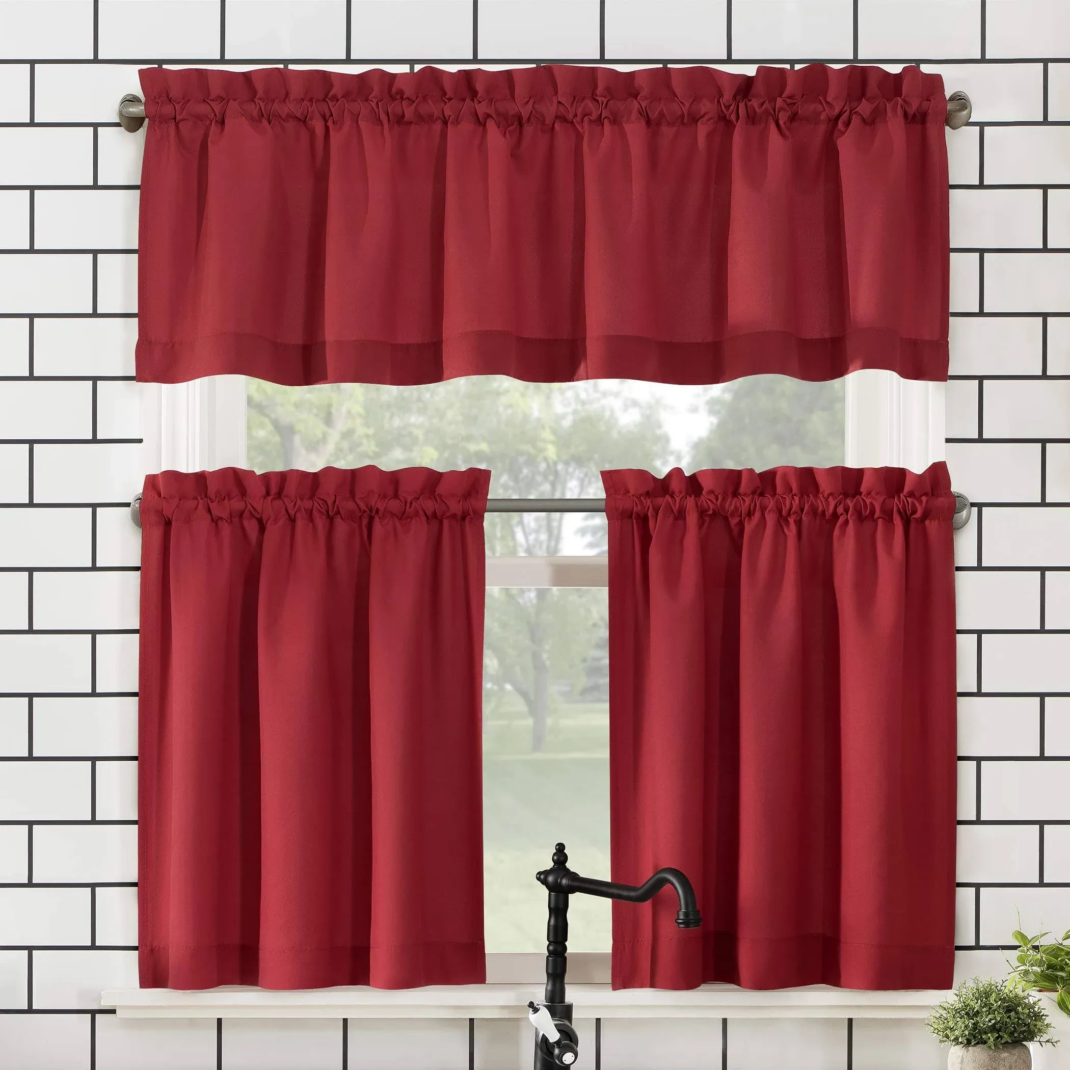 Martine Microfiber Semi-Sheer Rod Pocket Kitchen Curtain Valance and Tiers Set