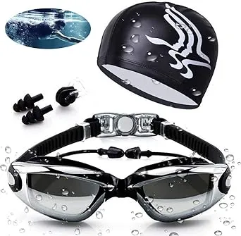 AOKELILY Swimming Goggles Waterproof and Cap Set 4 in 1, UV 400 Protection Lenses Clear Anti-Fog