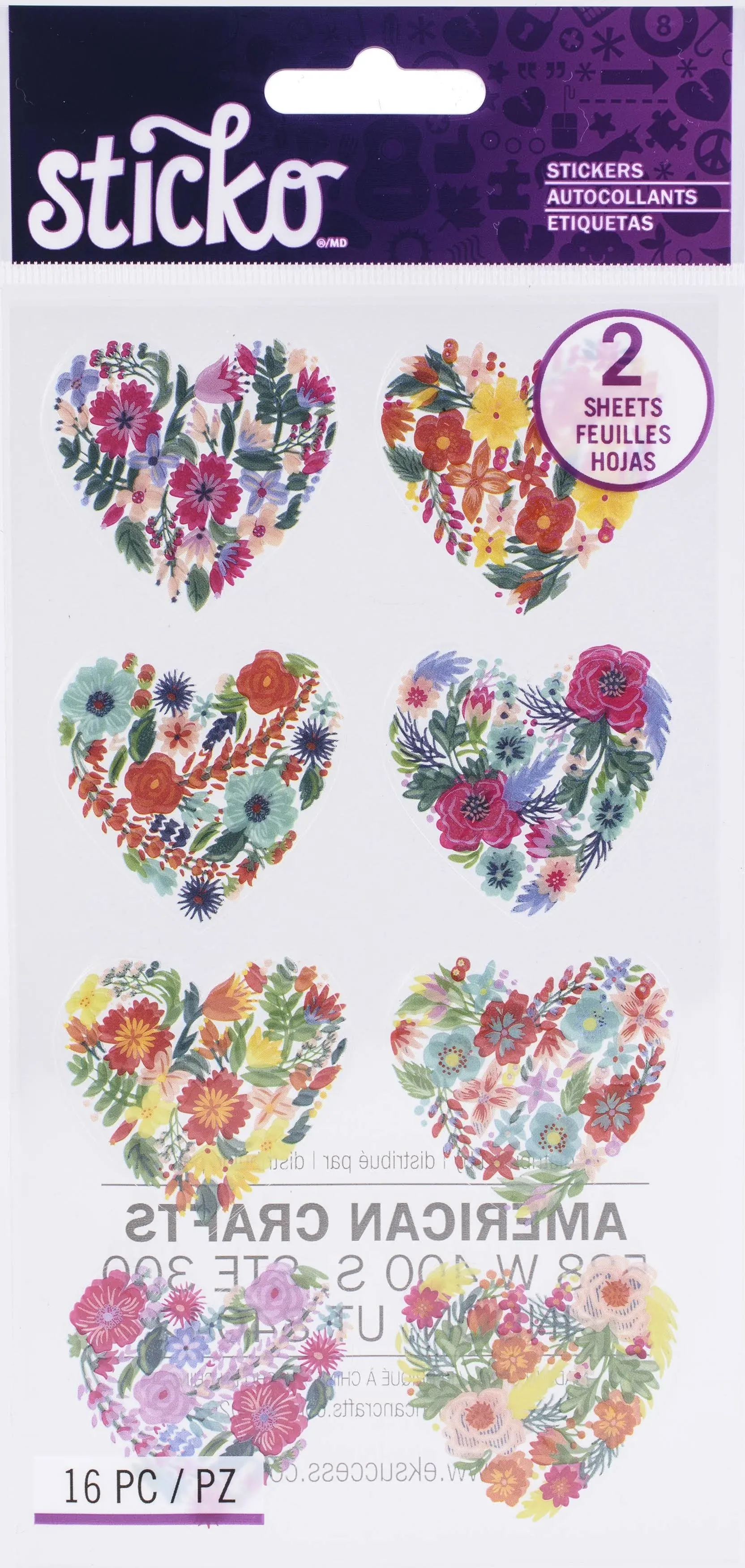 STICKO/AMERICAN CRAFTS STICKO Flat Stickers FLRL, Floral Hearts, 16/Pkg