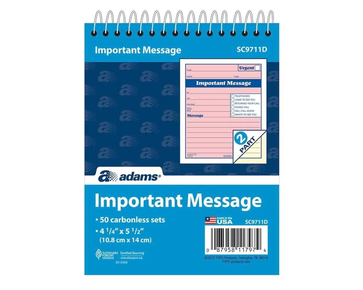 Adams Phone Message Spiral Bound Booklet, 5.5" x 4" - 50 sheet