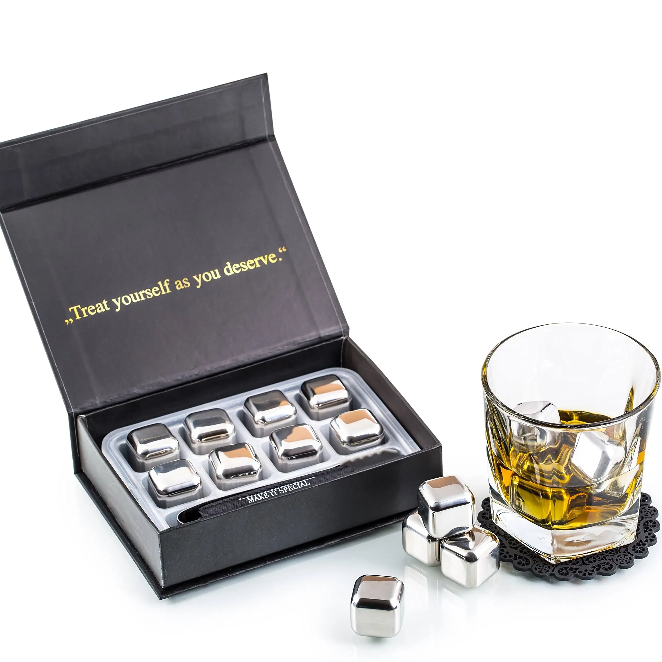 Whiskey Stones Gift Set - Stainless Steel, Reusable Ice Cubes