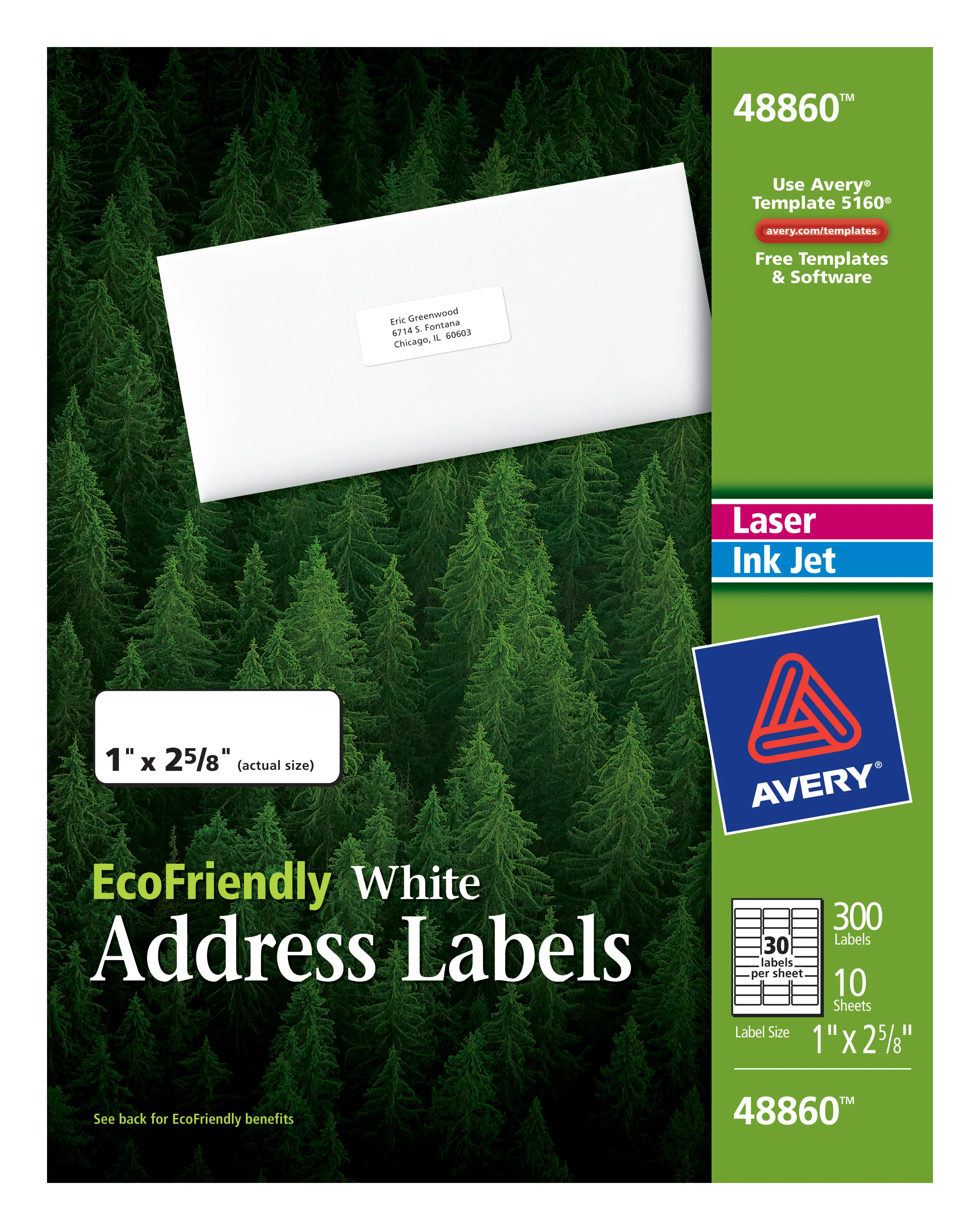 Avery EcoFriendly Recycled Address Labels, 1" x 2-5/8", White, Permanent Label Adhesive, 300 Printable Labels (48860)