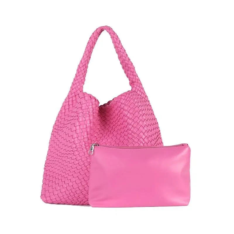 Hot Pink Woven Vegan Leather Basket Bag Handbags with Purse Insert