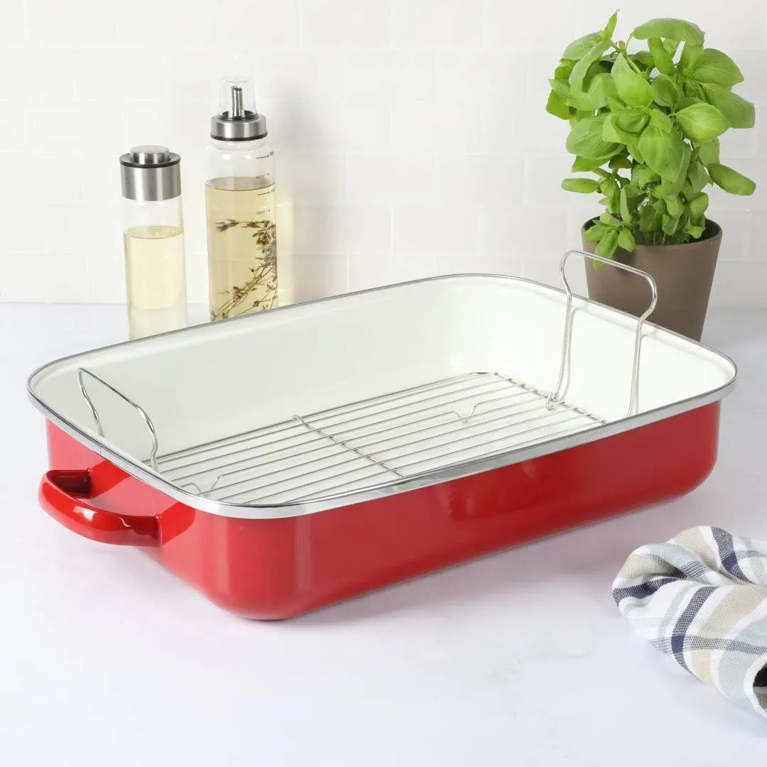 Martha Stewart Thayer 18&#034; Enamel on Steel Roaster Pan w/Stainless Steel Rack ...