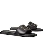 Tory Burch Women's Double T Leather Slides - Black - Flat Sandals - 5.5