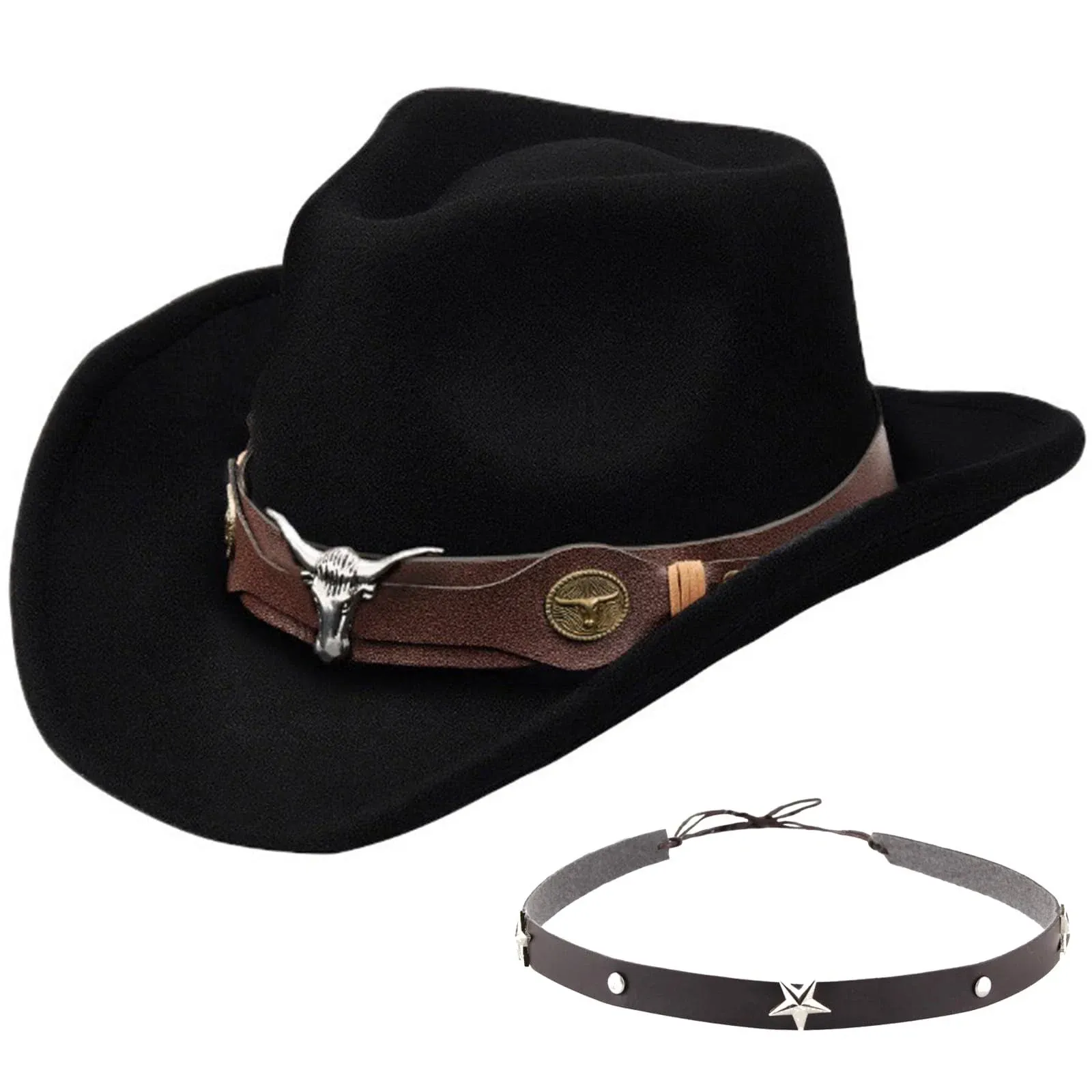 Classic Western Felt Cowboy Cowgirl Hat for Women Men Teen Cowboy Hat with 2 Wide Brim Belt