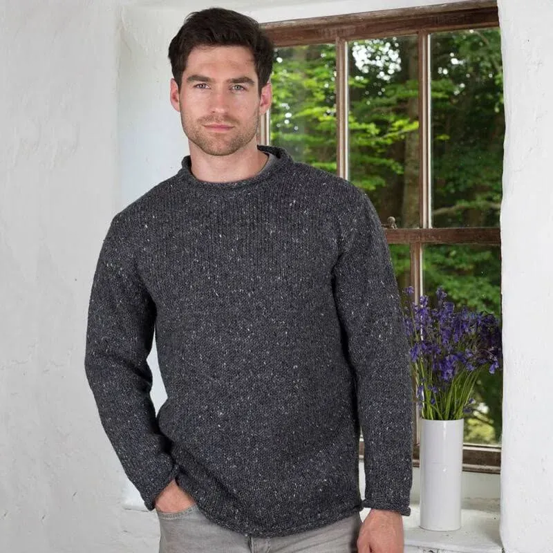 Aran Crafts Men's Irish Cable Knitted Curl Neck Sweater (100% Donegal Wool)