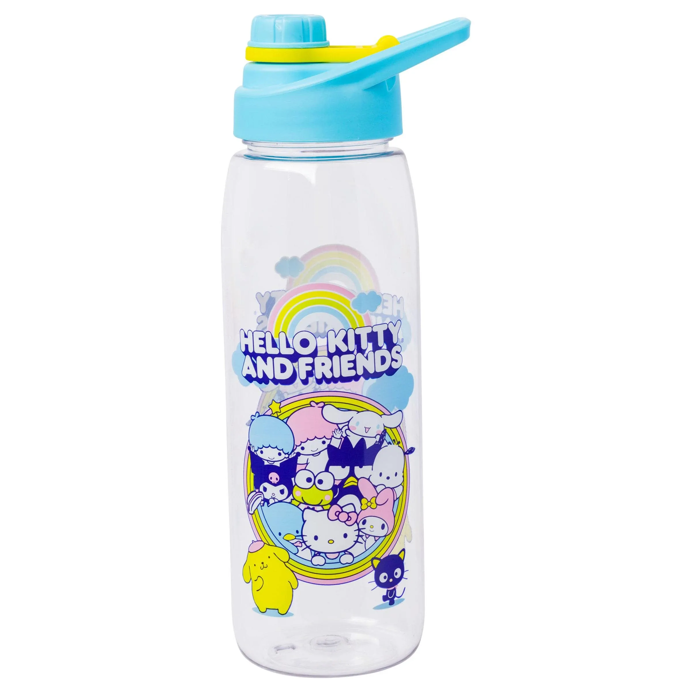 Silver Buffalo Sanrio Hello Kitty and Friends Little Twin Stars, Cinnamoroll, Kuromi, Keroppi, Badtz-Maru, Pochacco, Tuxedo Sam, My Melody, Pompompurin, Chococat Water Bottle with Screw Lid, 28 Ounces