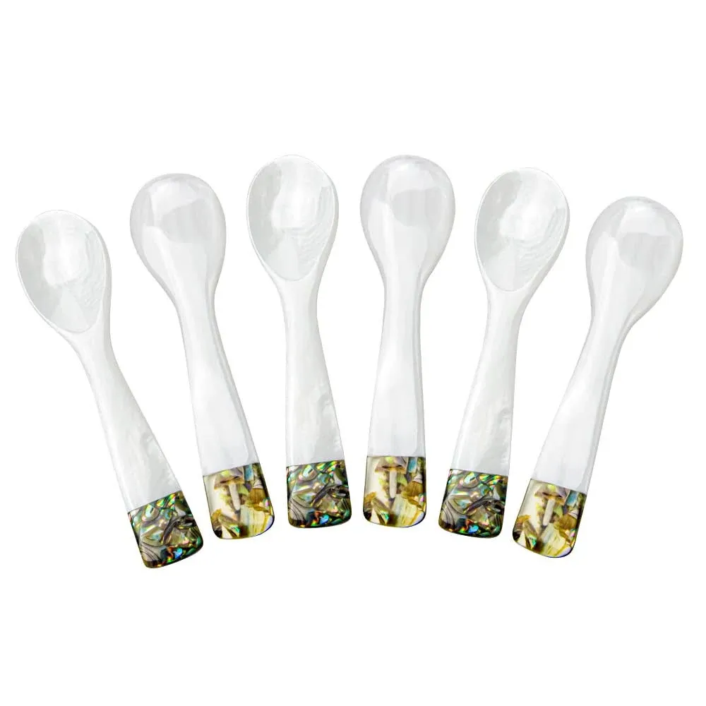 DUEBEL Set of 6 Mother of Pearl MOP Caviar Spoons with Green Abalone Decoration for Caviar, Egg, Icecream, Coffee Serving (White, 9x2.4cm)