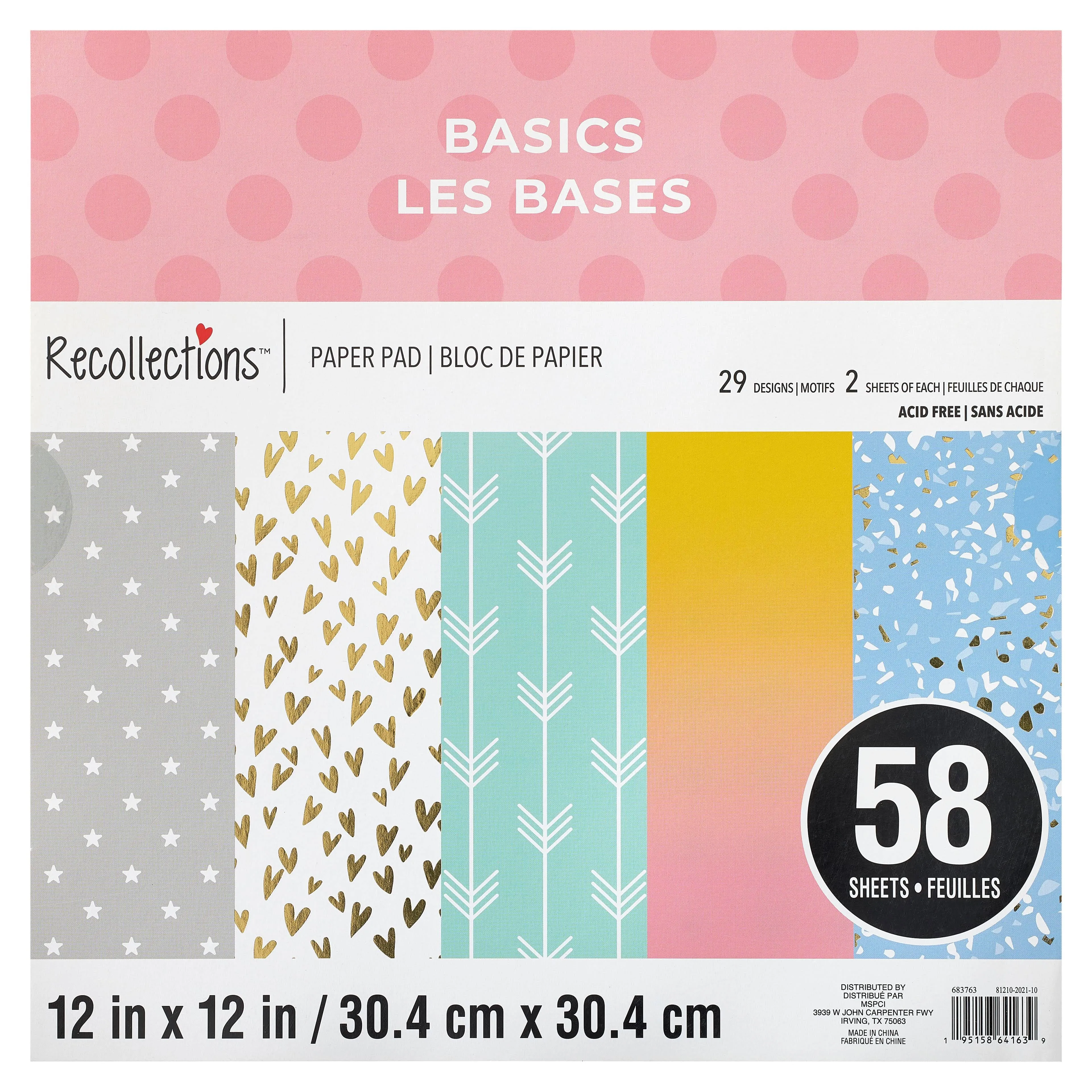 58 Sheets 12" x 12" Basics Paper Pad by Recollections - Acid Free Paper for Scrapbooks, Invitations, Greeting Cards, and Arts & Crafts - 1 Pack