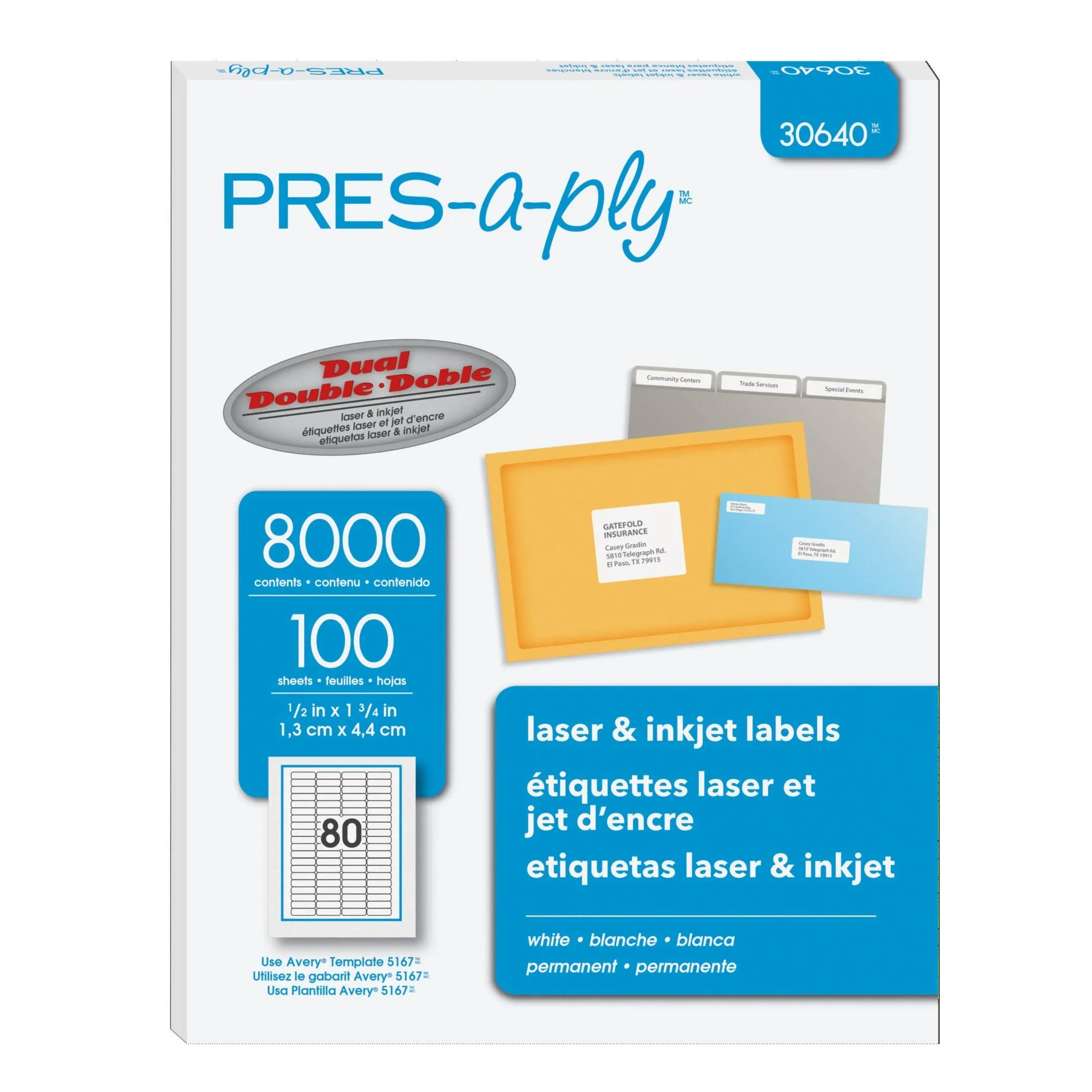 PRES-a-ply Labels for Laser & Inkjet Printers, 5 x 1.75, White, Box of 8000 (30640)