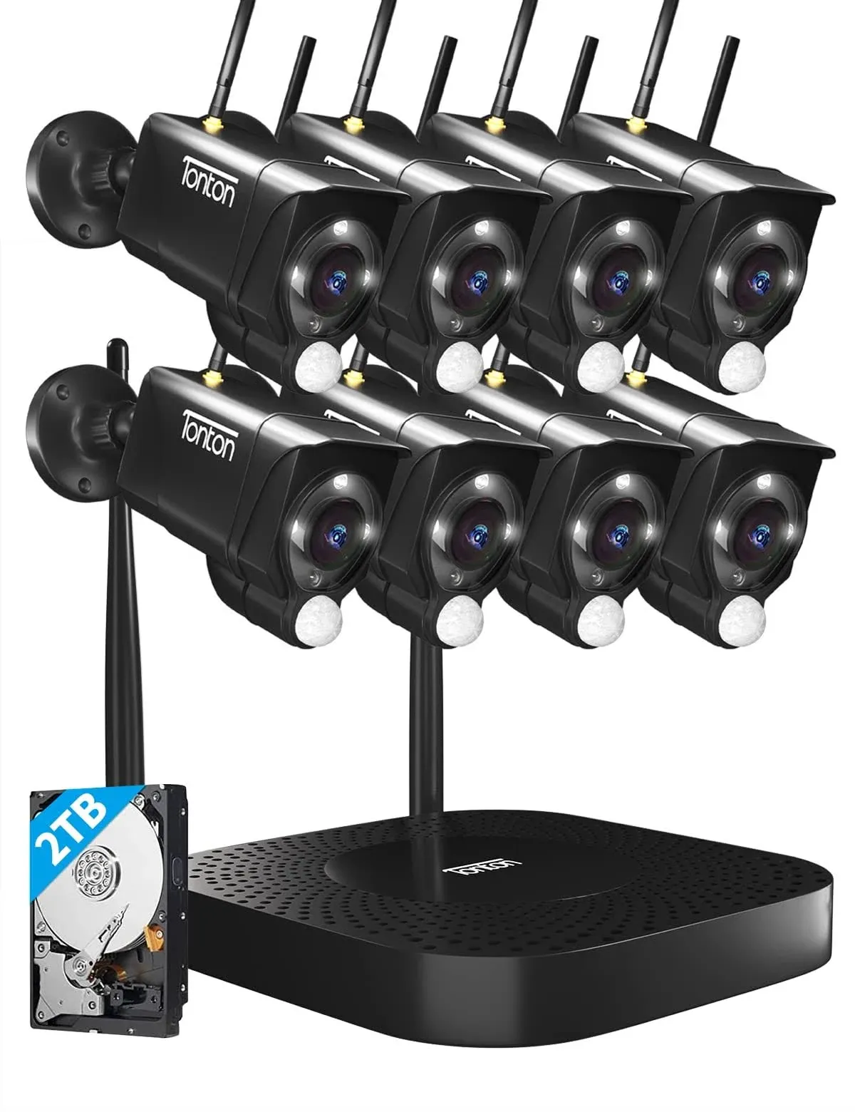 [2K&Dual WiFi&Thermal Detect] Tonton Wireless Security Camera System,10CH NVR with 1TB HDD and 4PCS 3MP Outdoor Floodlight Cameras with PIR Sensor,2 Way Audio,DC Powered,Amazon Alexa Supported(Black)