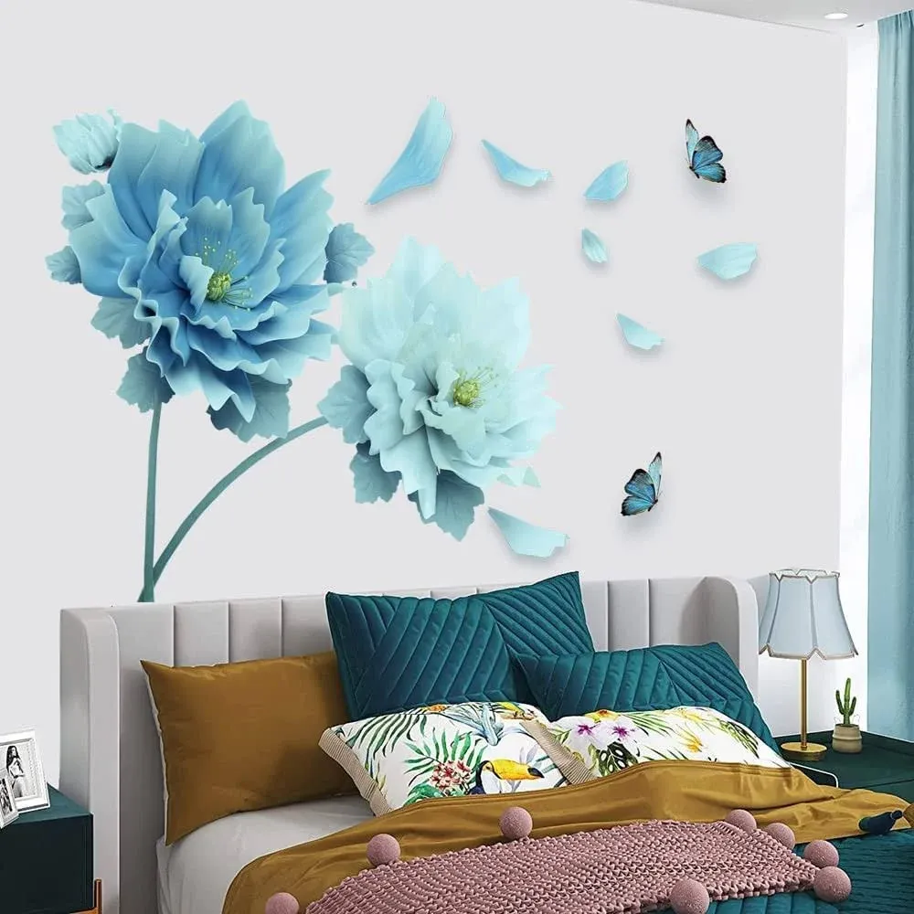 Supzone Blue Flower Butterfly Wall Sticker Large Lotus Wall Decals 49&#034;×30&#034;  NIB