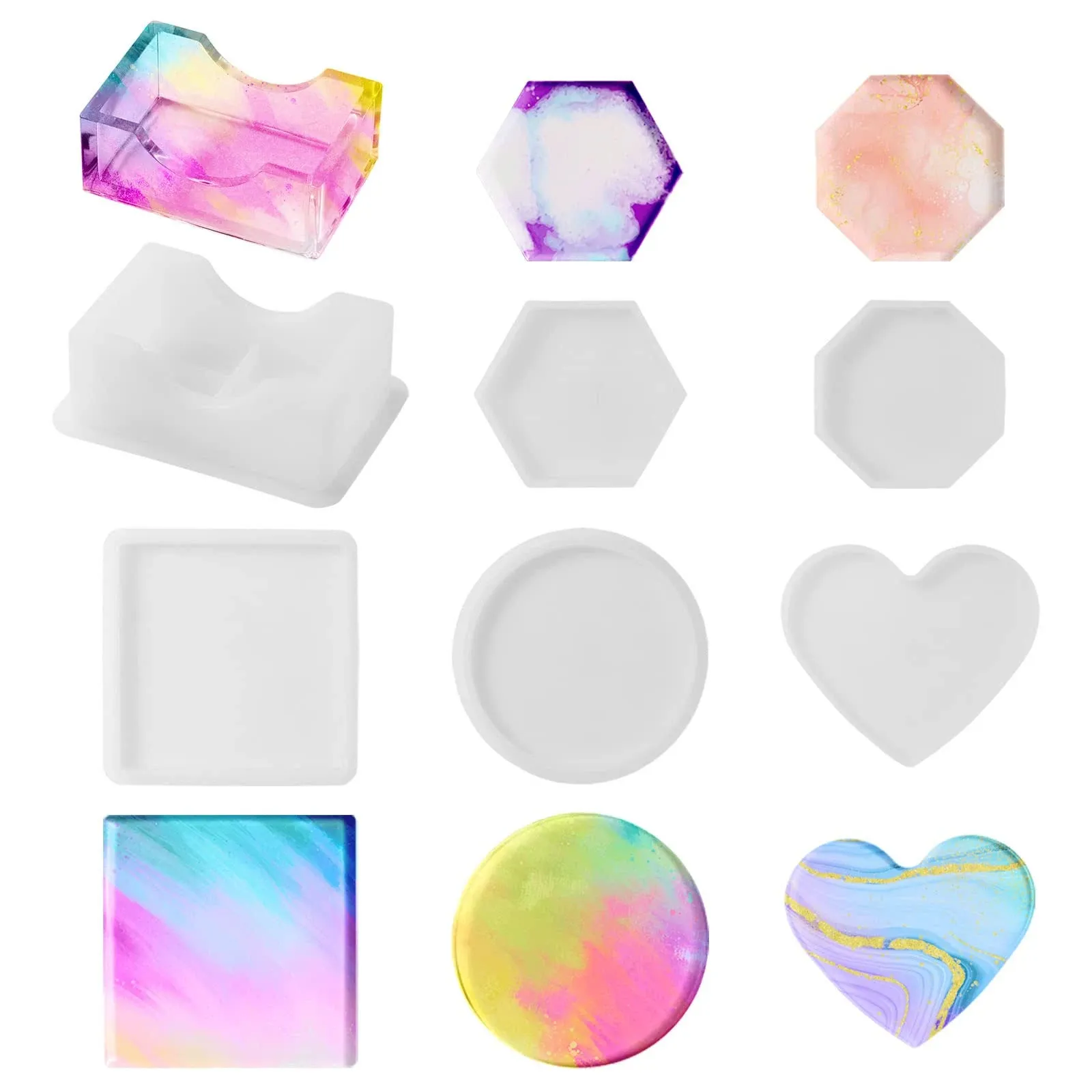 SainSmart Coaster Resin Molds 6pcs, Resin Molds Silicone Kit Bundle Including Circle, Square, Hexagon, Octagon, Heart Shape &amp; Coaster Storage Box,