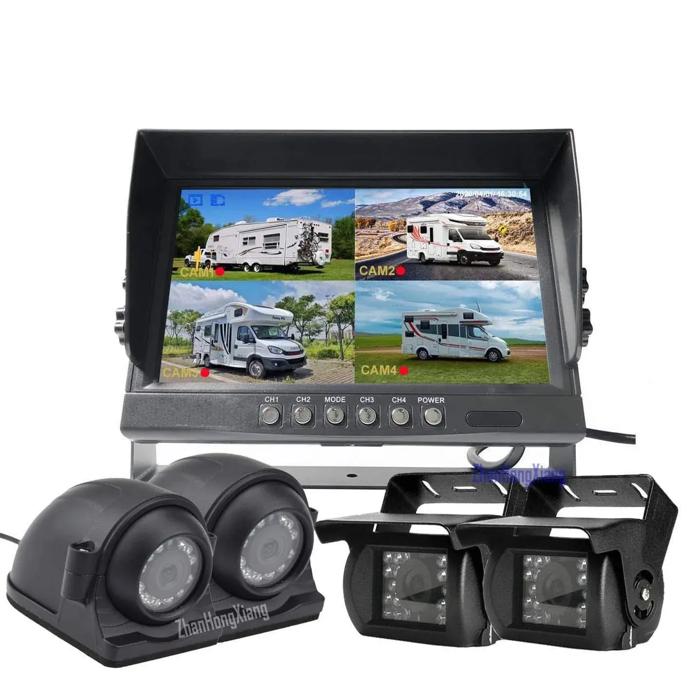 HD 1080P Backup Camera 9" Monitor DVR Kit,4 x IR Night Vision Front Side Rear View Mirror Reverse Camera +9 inch IPS 4-Split Screen Monitor for RV Bus Semi Box Truck Trailer Tractor 5th Camper 12V/24V