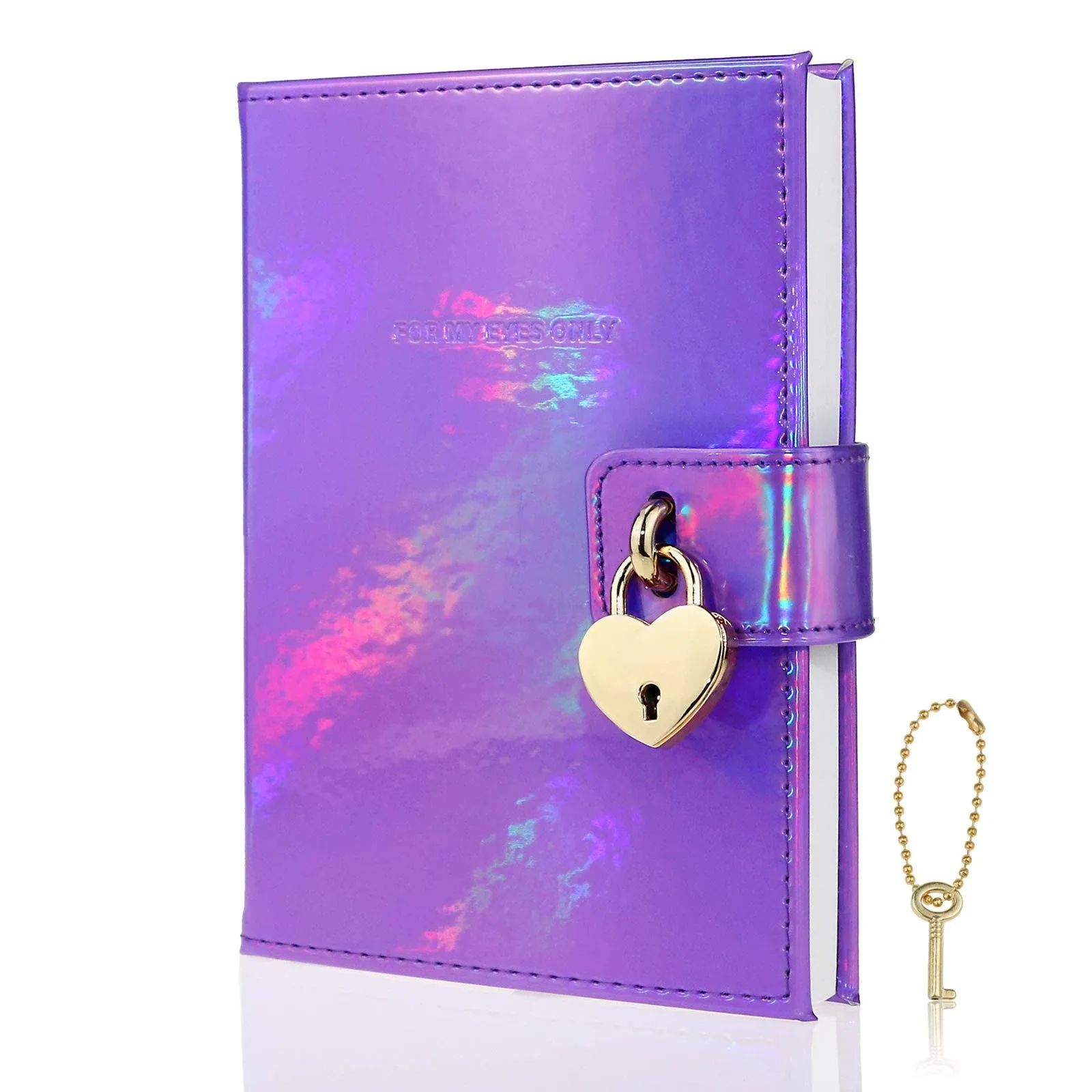 Heart Shaped Lock Journal, Rainbow Laser PU Hard Cover Notebook Travel Diary, B6 Ruled Locking with Key Personal Work Log Notes Secret