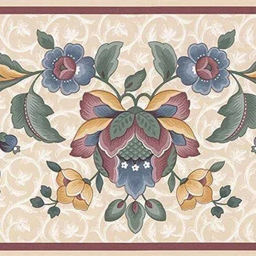 CONCORD WALLCOVERINGS ™ Wallpaper Border Vine Floral Pattern Country Style Flowers Leaves for Kitchen Dining Area Cottage, Brown Blue Red Beige Yellow, 6.75 Inches by 15 Feet DS9440B