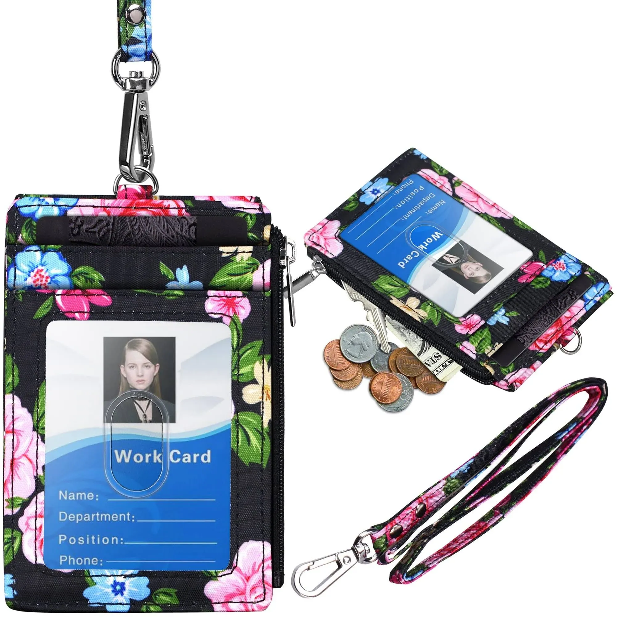 ELV Badge Holder with Zipper, Floral ID Badge Card Holder Wallet with 5 Card Slots, 1 Side RFID Blocking Pocket and 20 inch Neck Lanyard Strap for Offices ID, School ID, Driver Licence (Floral)