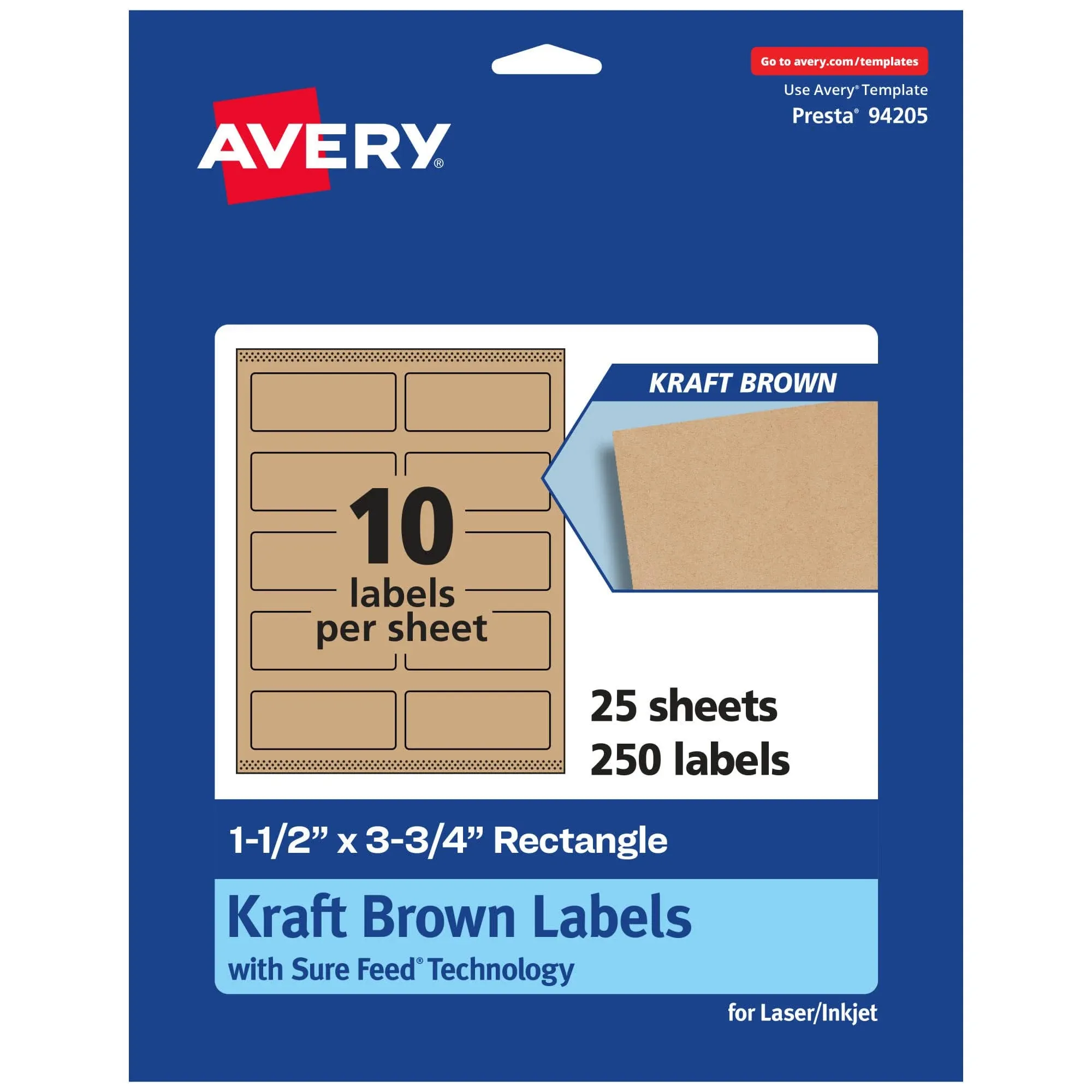 Avery Kraft Brown Rectangle Labels with Sure Feed, 1.5" x 3.75", 250 Kraft Brown ...