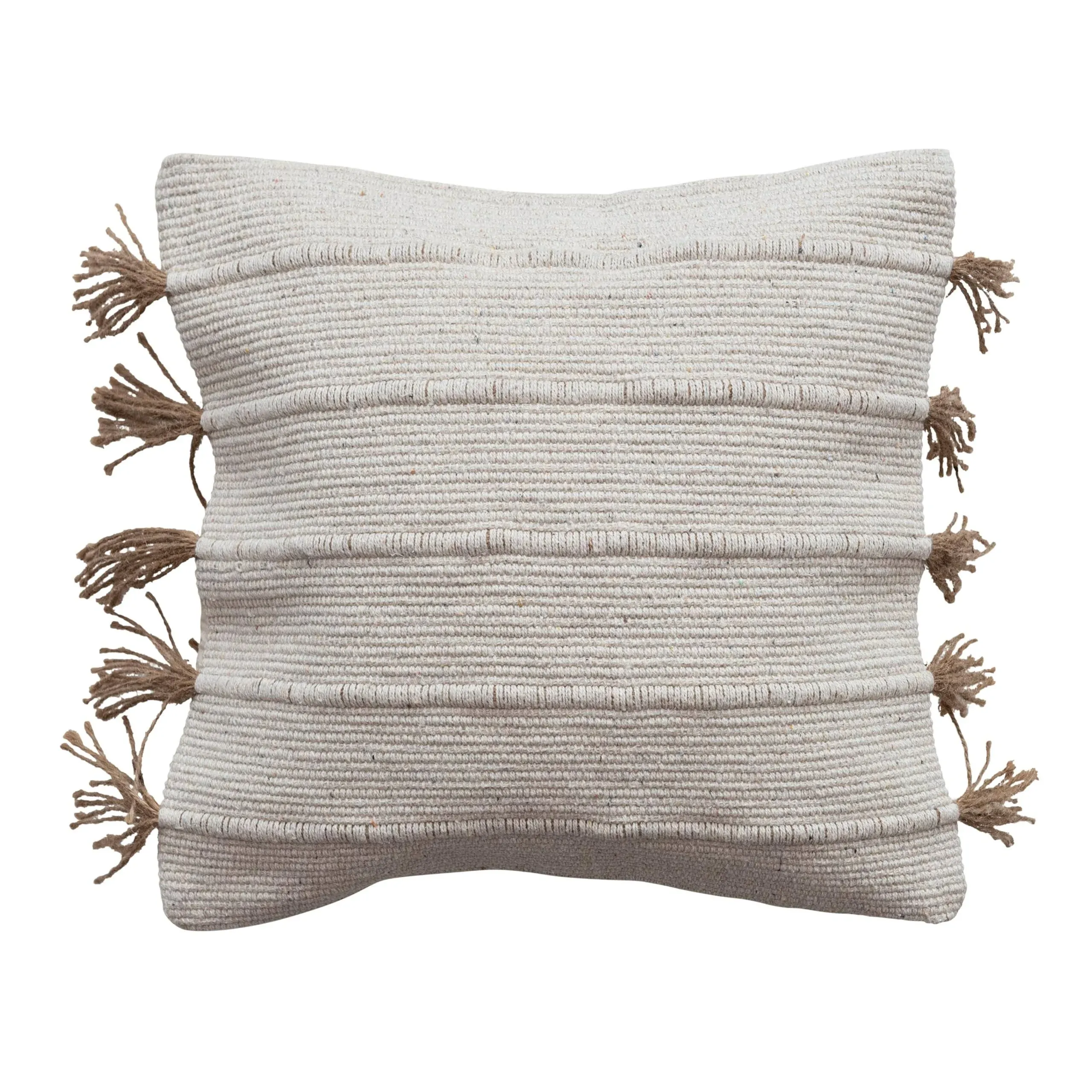 Creative Co-Op Boho Woven Jute and Cotton Throw Embroidery and Tassels, Natural Pillow Cover 18" x 18"