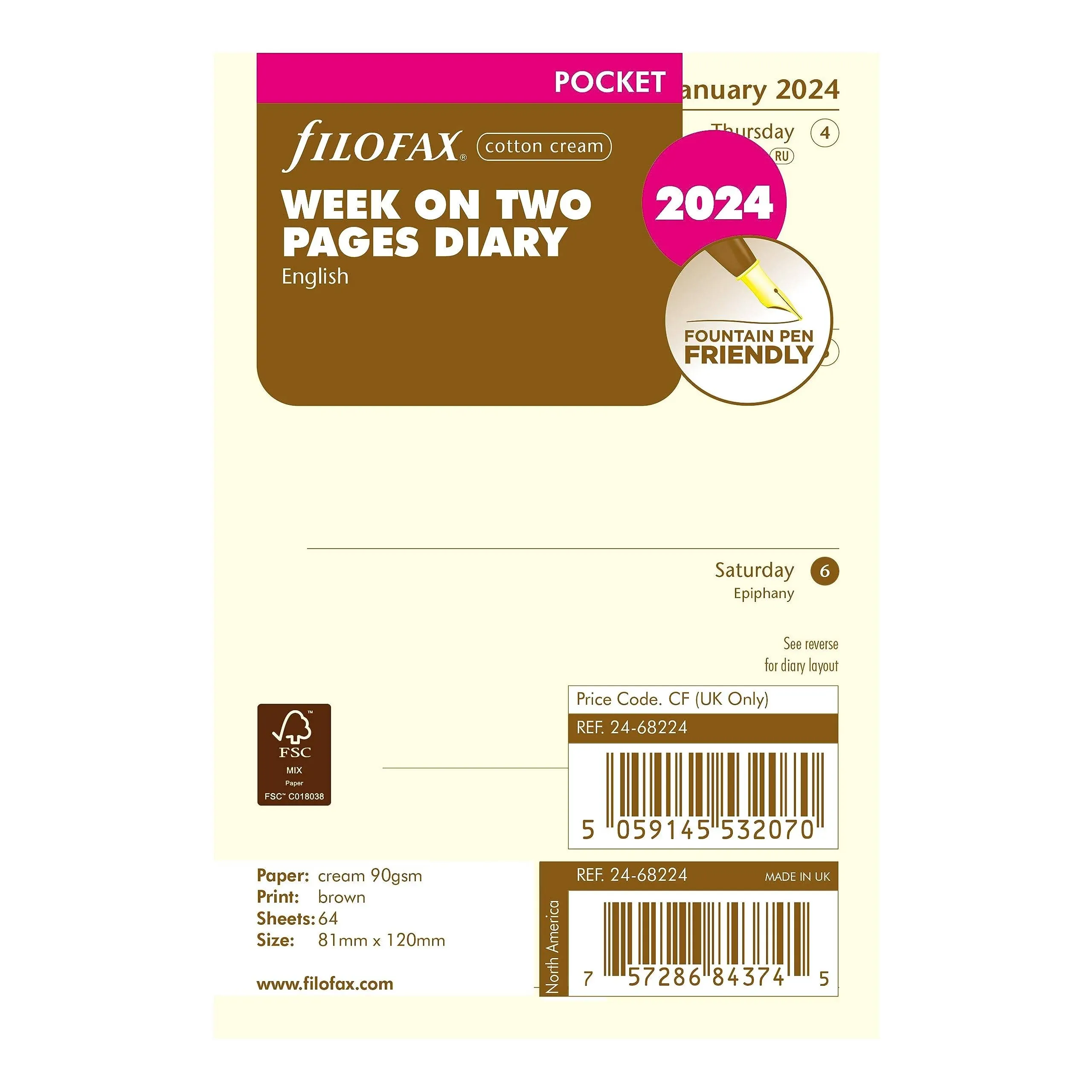 2024 Filofax 24-68224 Weekly Pocket Refill