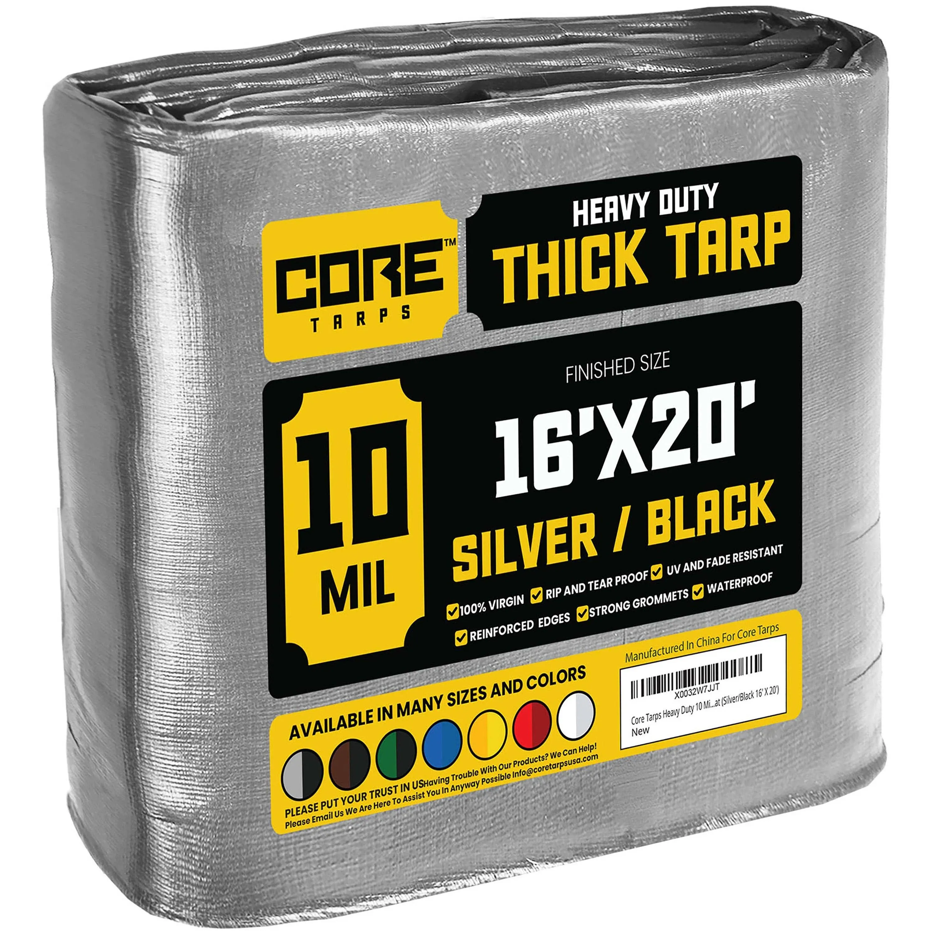 Core Tarps Heavy Duty 10 Mil Tarp, Silver/Black 16 x 20