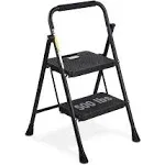 HBTower 2 Step Ladder, Folding Step Stool with Wide Anti-Slip Pedal, Sturdy Steel Ladder, Convenient Handgrip, Lightweight 500lbs Portable Steel Step Stool, Black