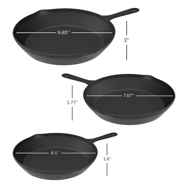 Home-Complete Frying Pans - Set of 3 Pre-Seasoned Cast Iron Skillets with 10-Inch, 8-Inch, and 6-Inch Sizes - Nonstick Camping Cookware (Black)