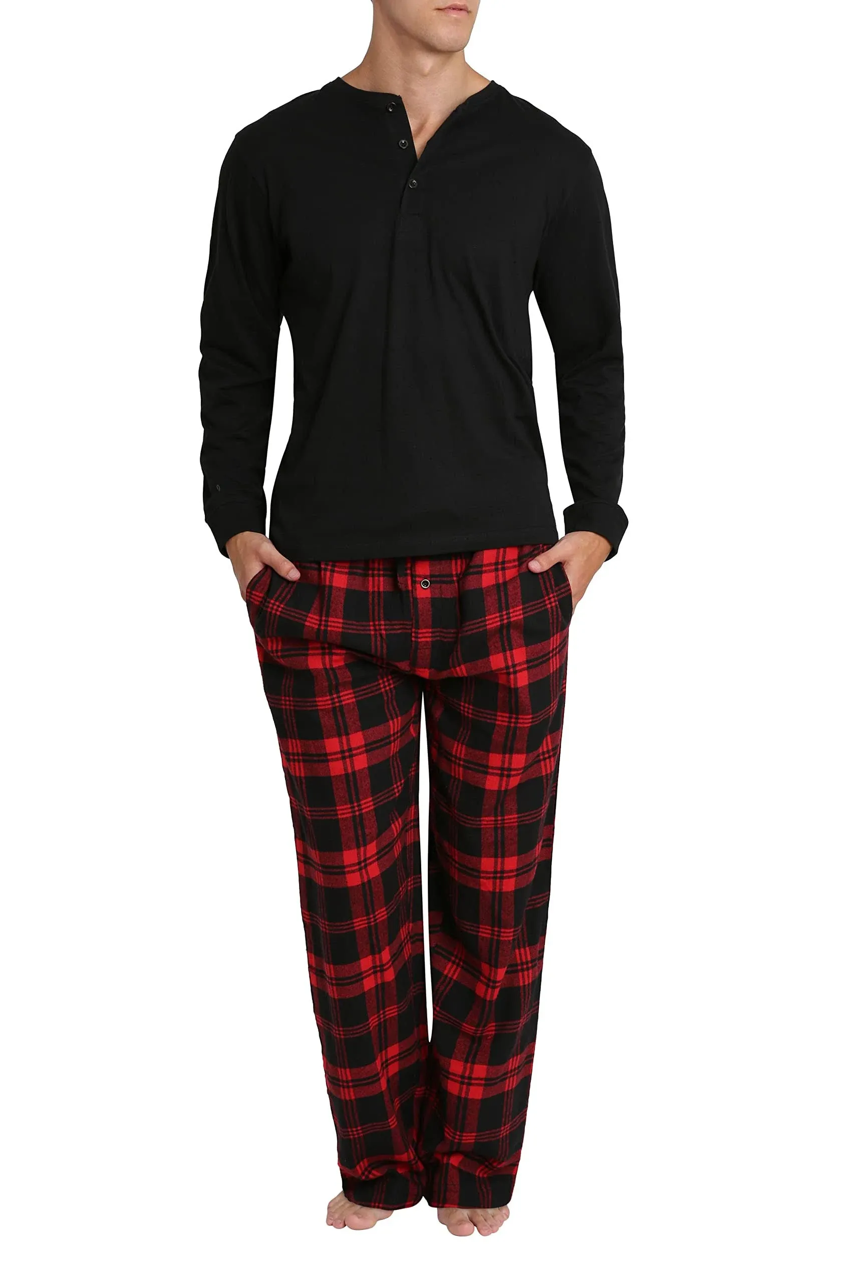 Men’s Pajama Set Pajamas For Men 2 Piece PJ Set with Cotton Flannel Men Pajama Pants and Long Sleeve Henley T-Shirt