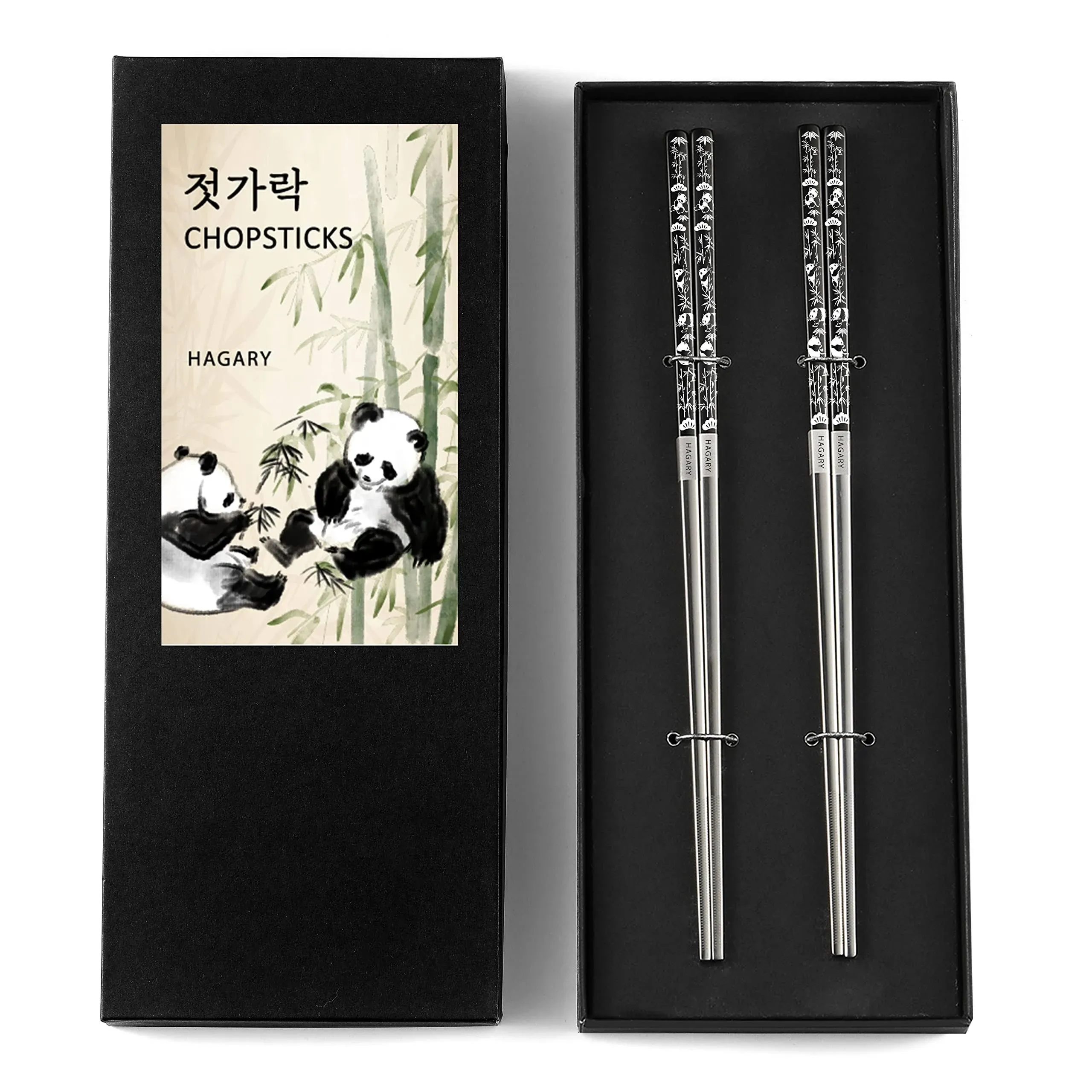 Hagary Panda Black Chopsticks Metal Chopsticks Reusable Designed In Korea Japanese Style Stainless Steel 316 18/10 Non-Slip Dishwasher Safe (Black - 2 Pairs)