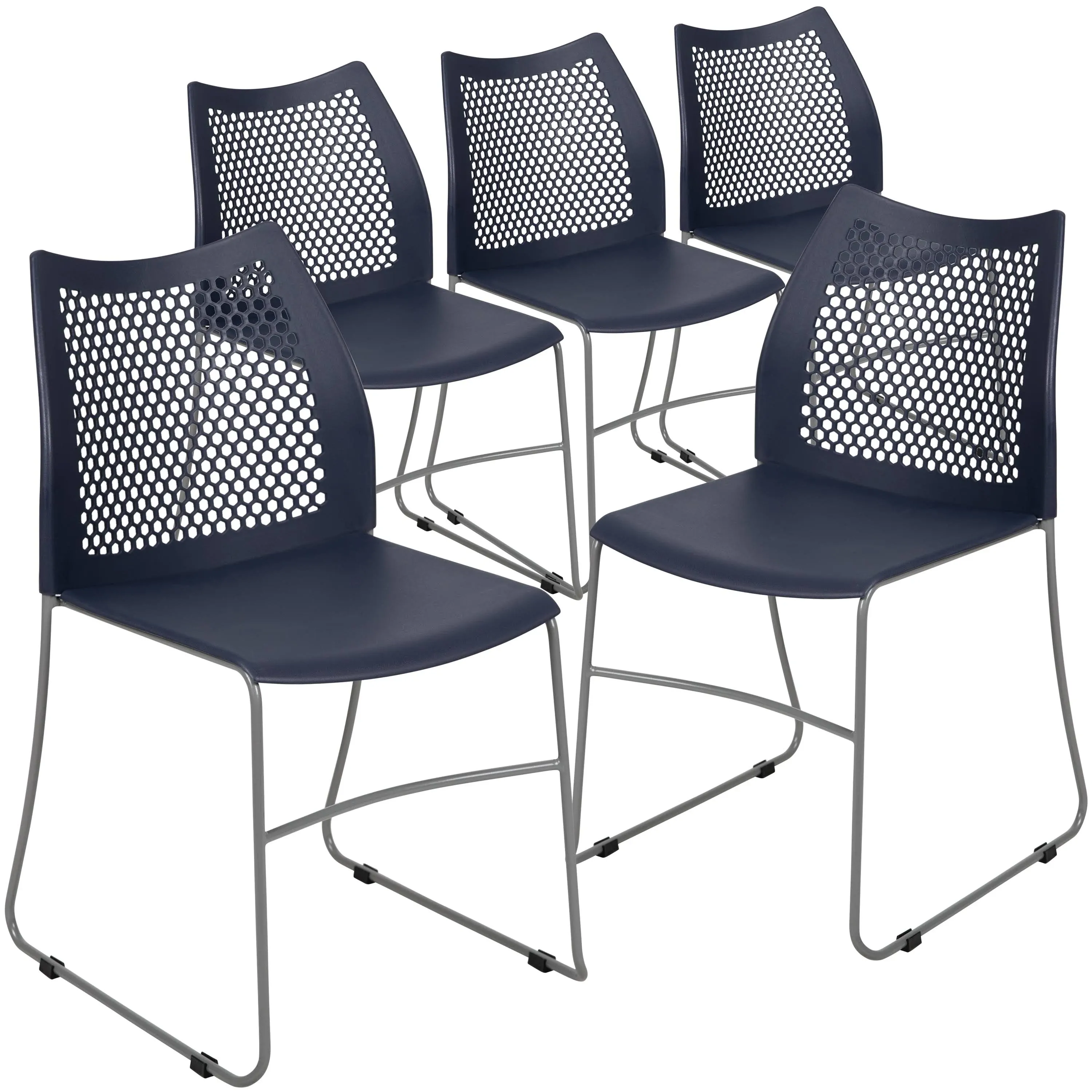 Flash Furniture Hercules Series 5 Pack 661 lb. Capacity Navy Stack Chair with Air-Vent Back and Gray Powder Coated Sled Base