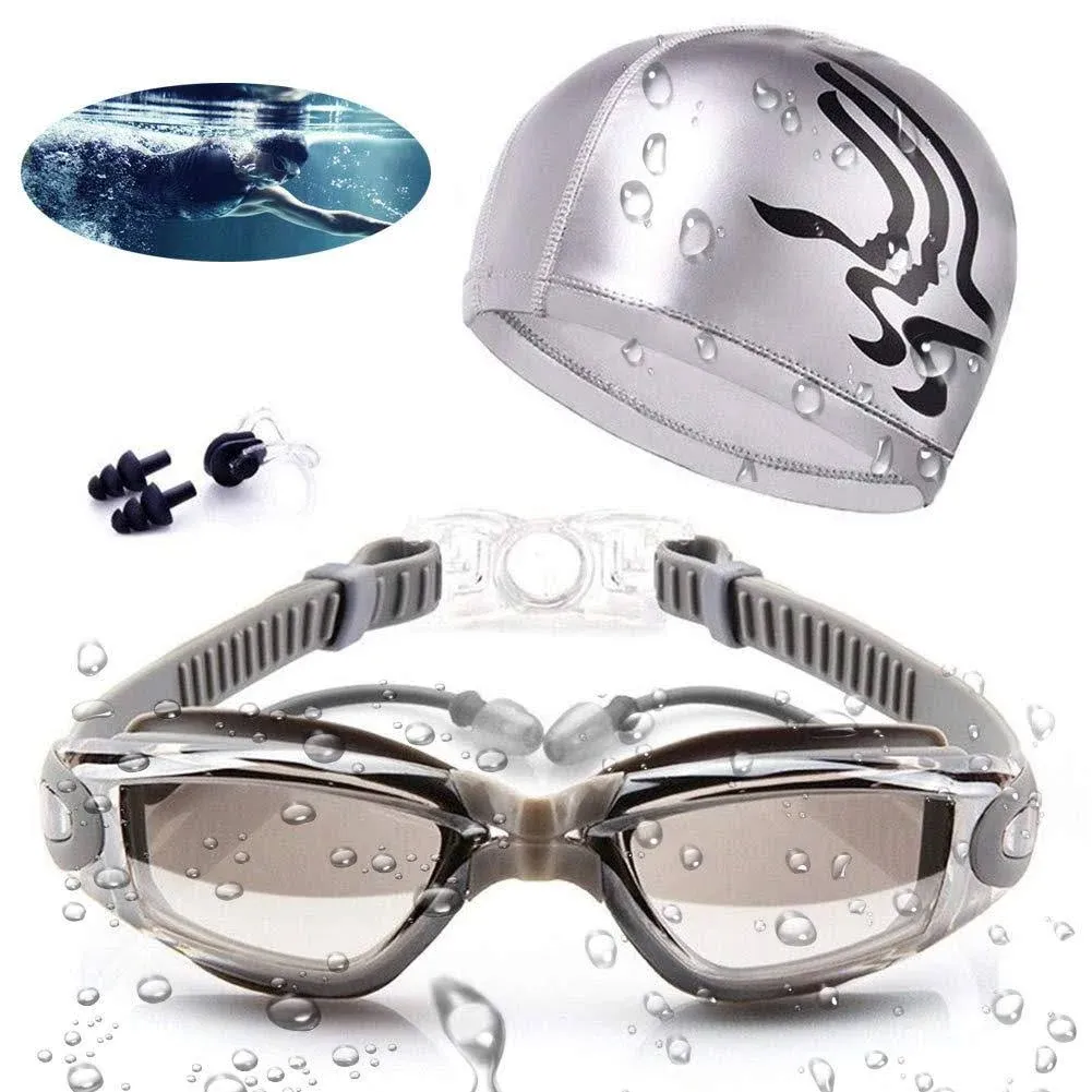 Aokelily Swim Goggles and Cap Set 4 in 1, UV 400 Protection Lenses Clear Anti-Fog ...