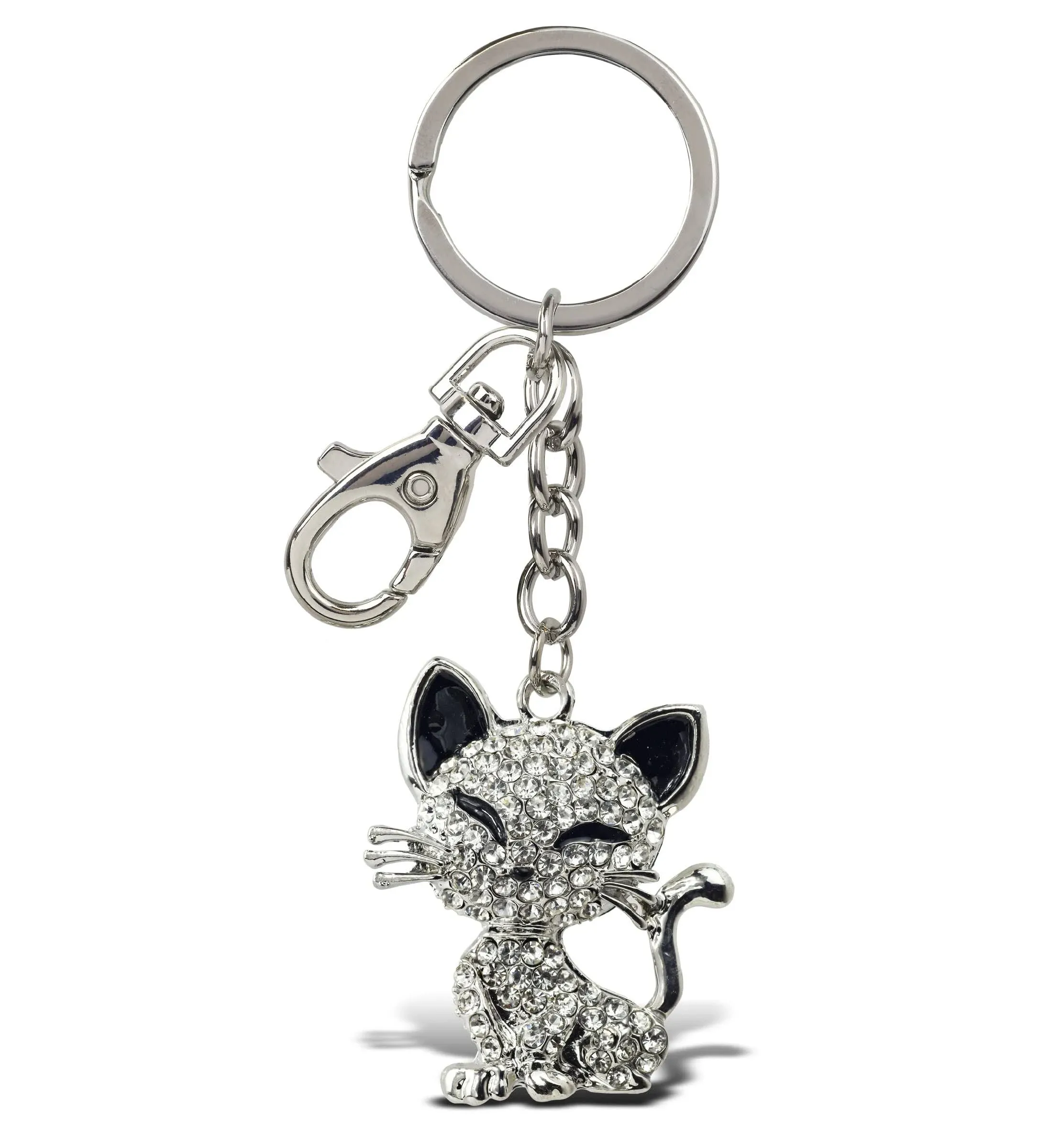 Aqua79 Happy Cat Keychain - Silver 3D Sparkling Charm Rhinestones with Clasp