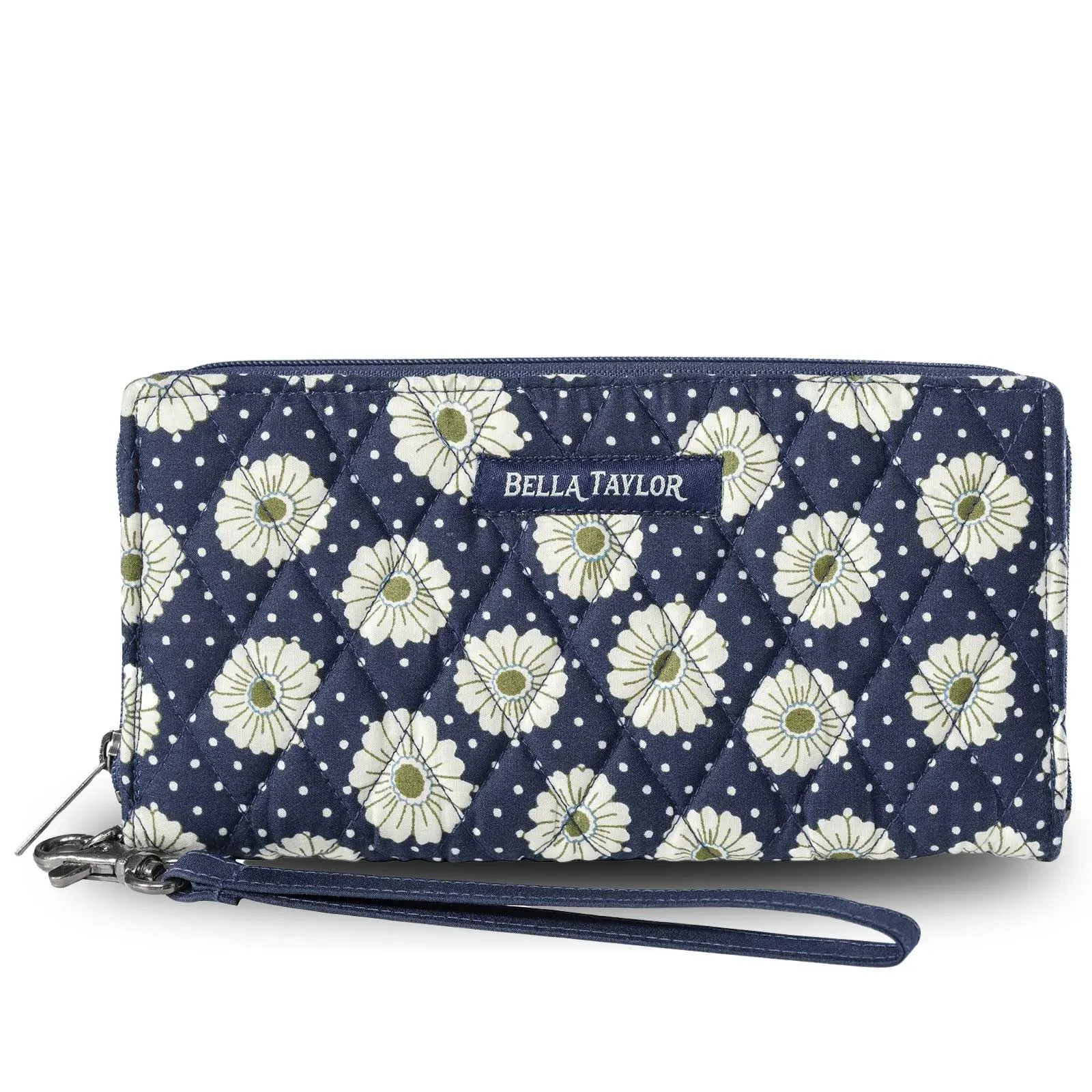 Bella Taylor RFID Wristlet Envelope Wallet for Cash Envelope Budgeting | Small Money Organizer Budget Wallet | Cash Stuffing Wallet | Quilted Cotton Dotted Daisy Navy Floral