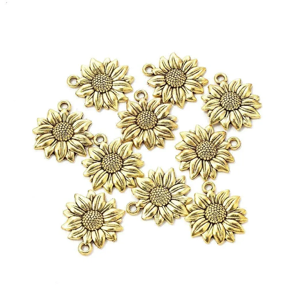 FHTDW 120 Pcs Sunflower Charms Pendant Vintage Antique Gold Alloy Pendant Bead ...