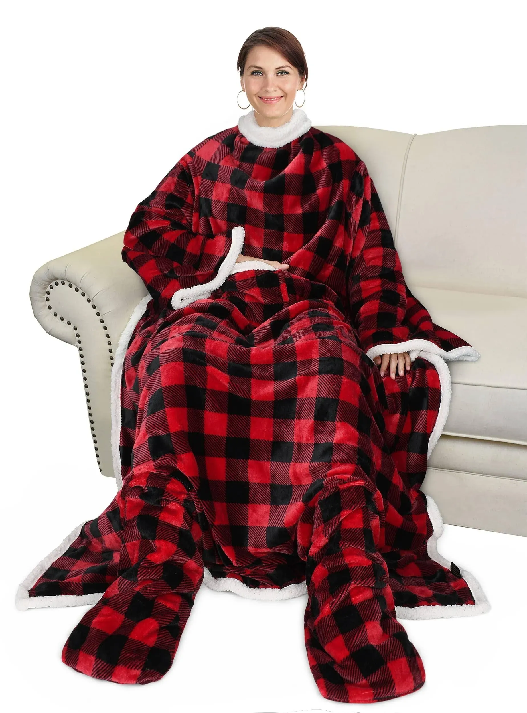 Catalonia Sherpa Wearable Blanket with Sleeves &amp; Foot Pockets for Adult Women