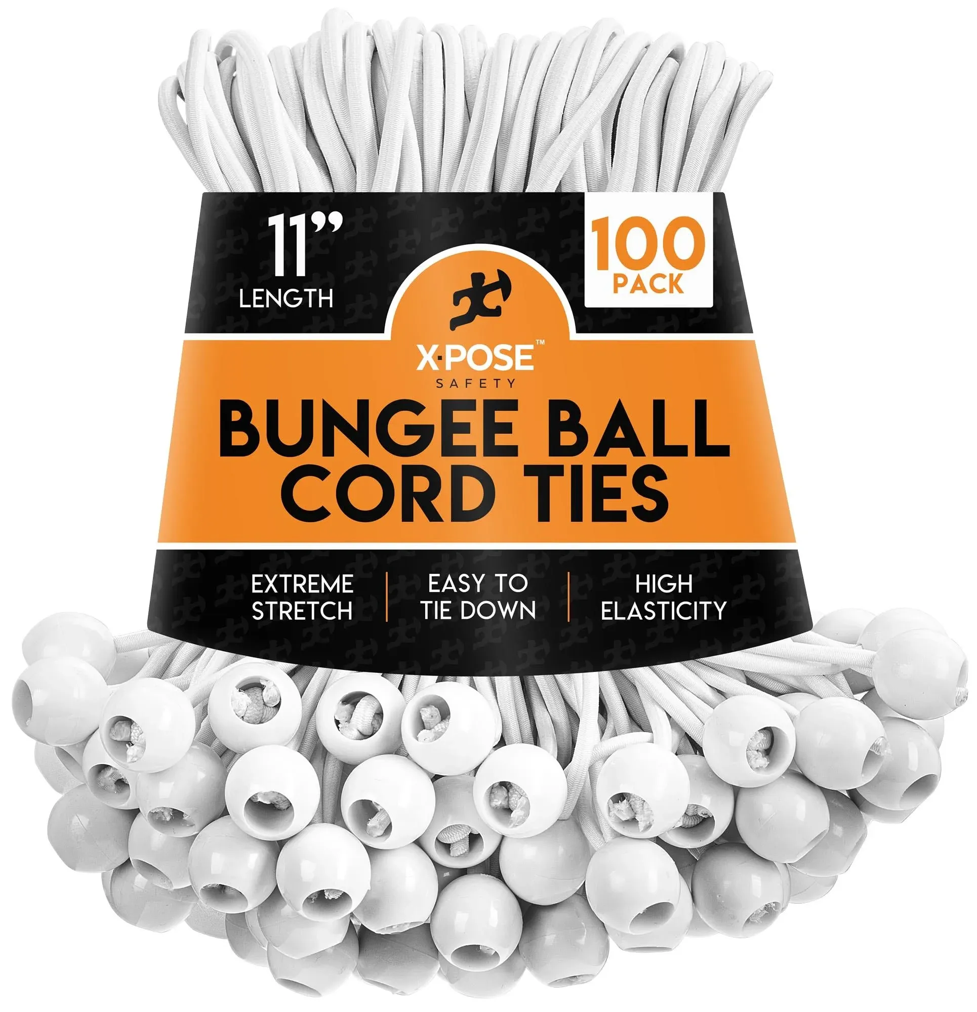 Xpose Safety 11" White Heavy-Duty Bungee Ball Cords BB-11W-100 - 100/Pack