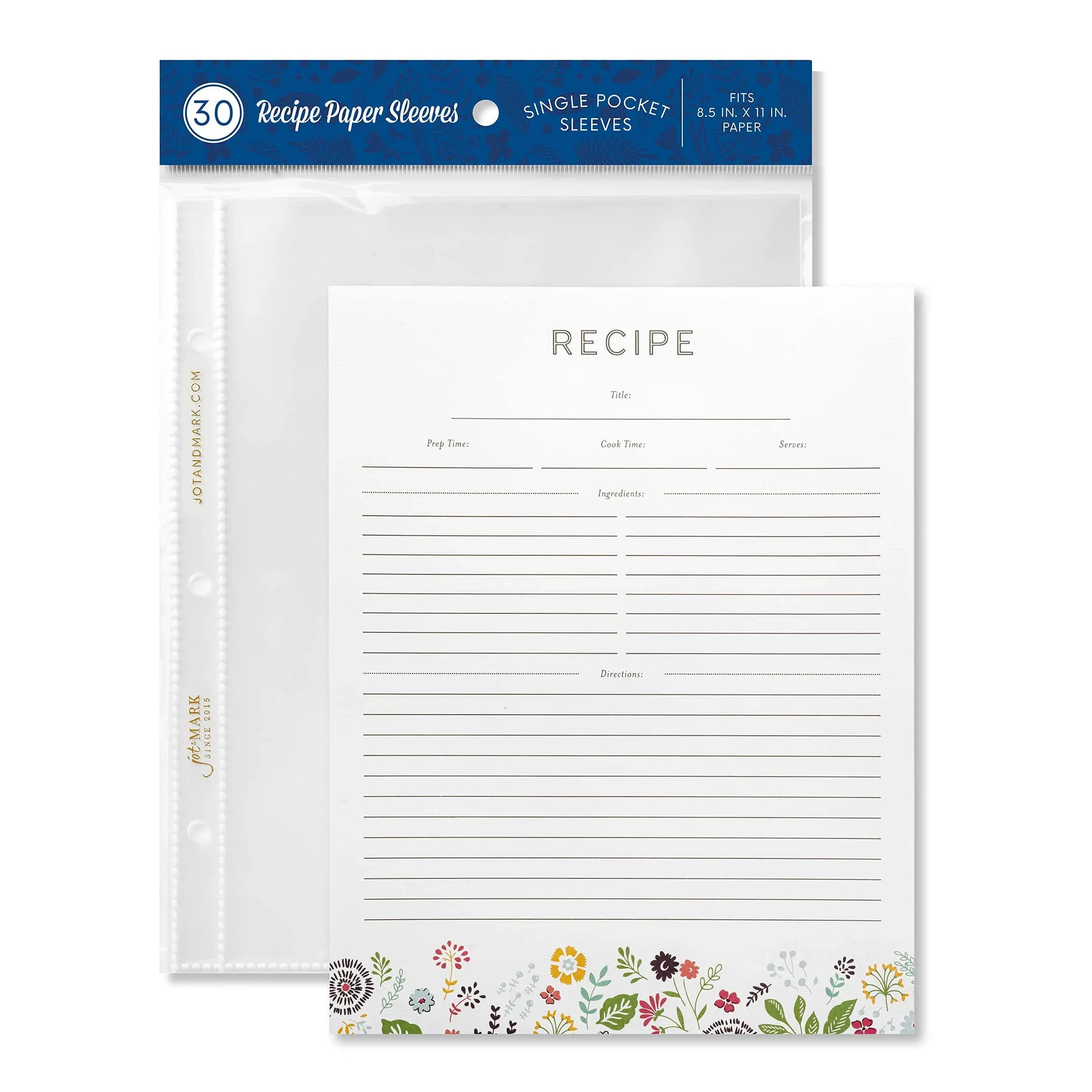 Jot & Mark Recipe Card Paper Full Page 8.5x11 with Crystal Clear Page Protectors for 3 Ring Binder, 30 Count (Midnight Floral)